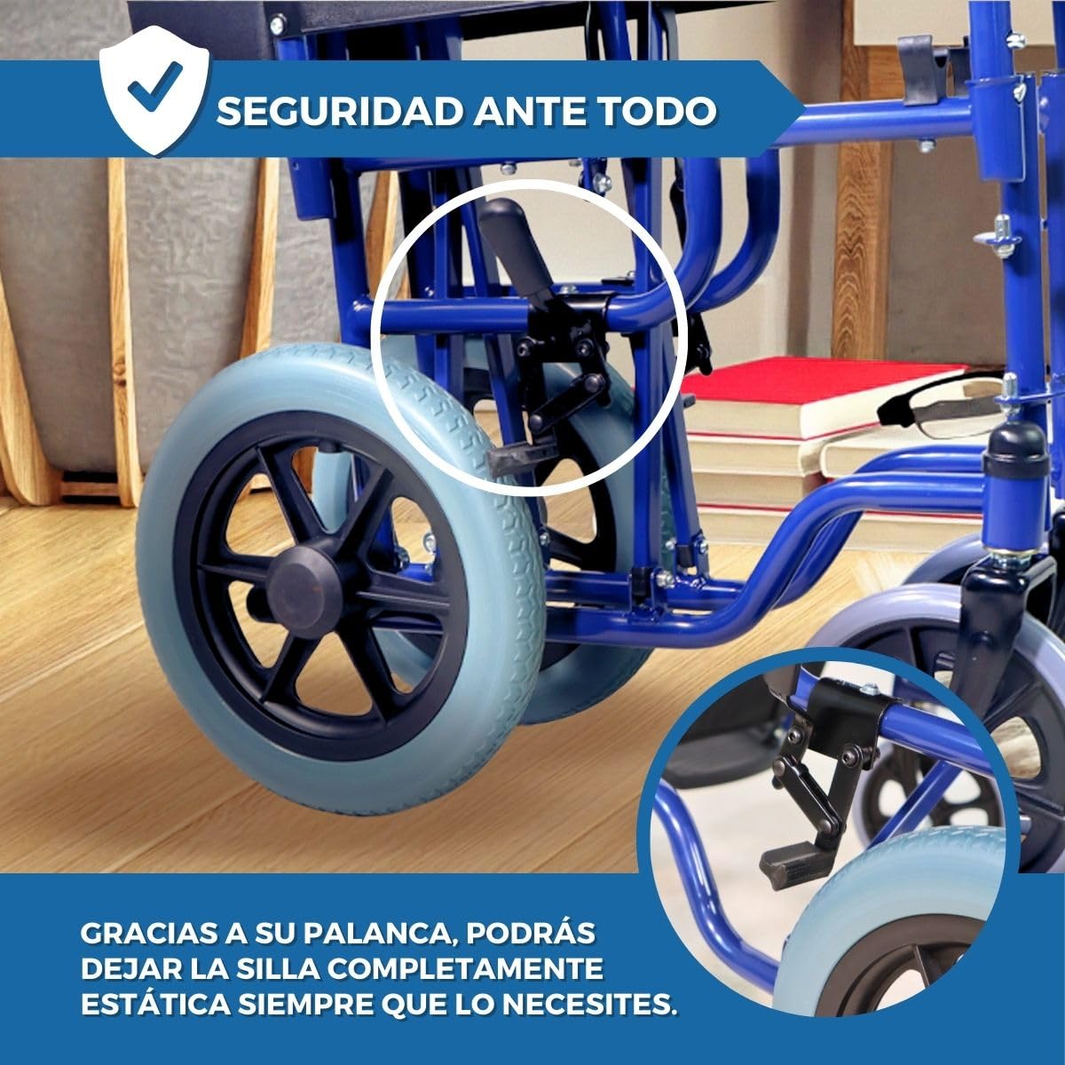 Mobiclinic®, Silla de ruedas plegable, Maestranza, Frenos estacionamiento, Asiento 45 cm, Reposapiés extraíbles, Reposabrazos abatibles y acolchados, Pequeñas, Resistente, Color negro