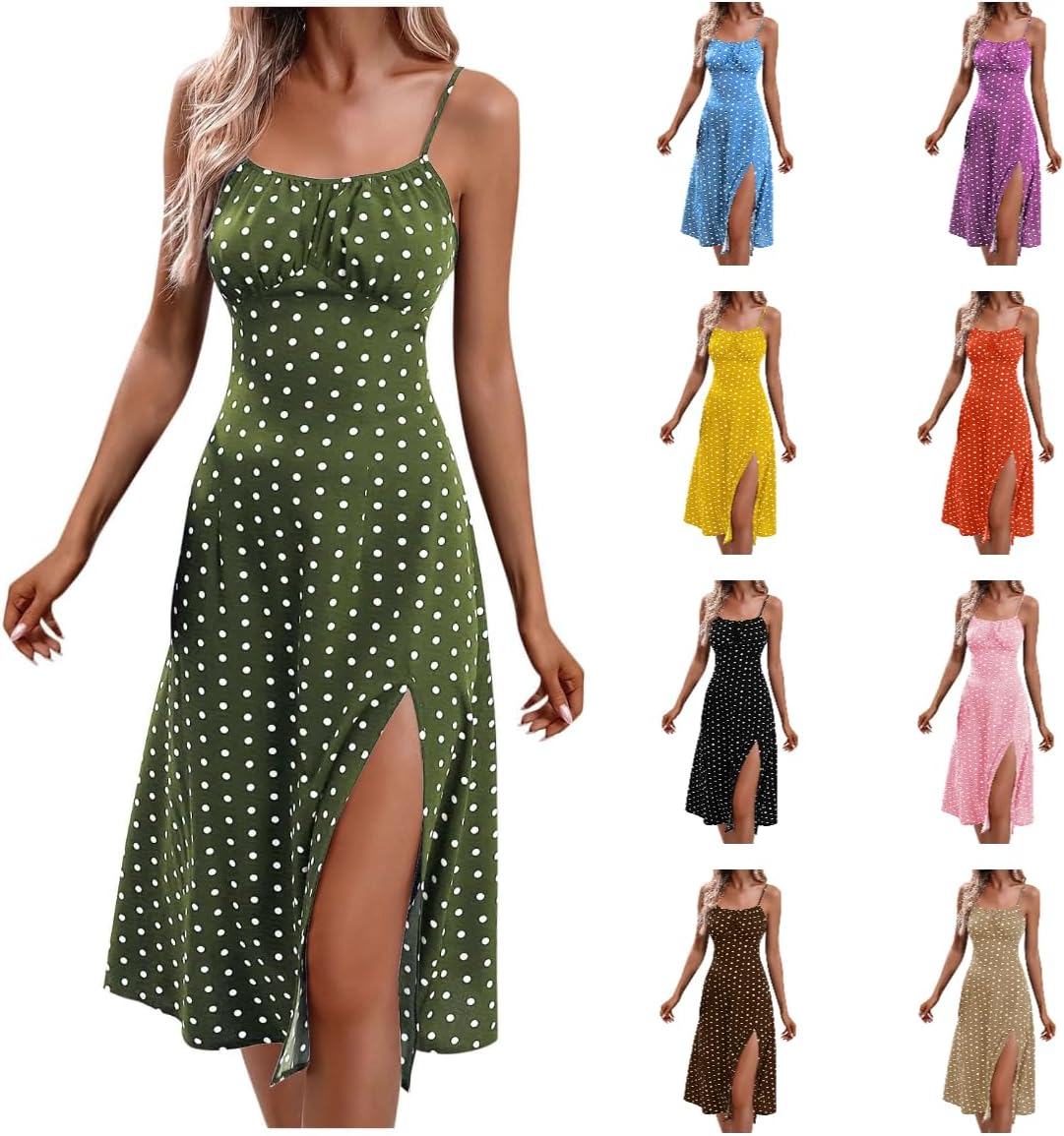 Women Polka Dot Spaghetti Strap Dresses Beach Vacation Sundresses 2024 Causal Slit Midi Dress Trendy Boutique Clothes