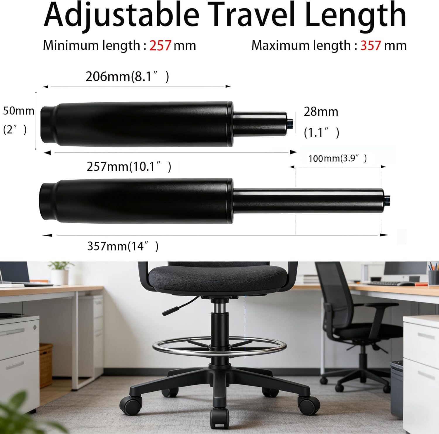 10.1 Inches-14 Inches Office Chair Cylinder Replacement Parts, 3.9in Stroke,Heavy Duty 1000 lbs,Hydraulic Chair Gas Lift Universal Gas Cylinder Fit Most Office Chairs/Gaming Chairs, Class 4