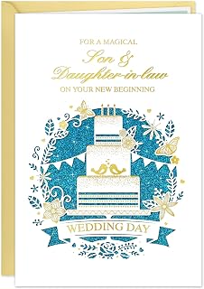 D24TIME Elegant Die-Cut Wedding Card - Glittering Champagne Gold Cake Design with Golden Foil Accents - Personalized Wedding Congratulations Card for Son and Daughter-in-Law with Envelope