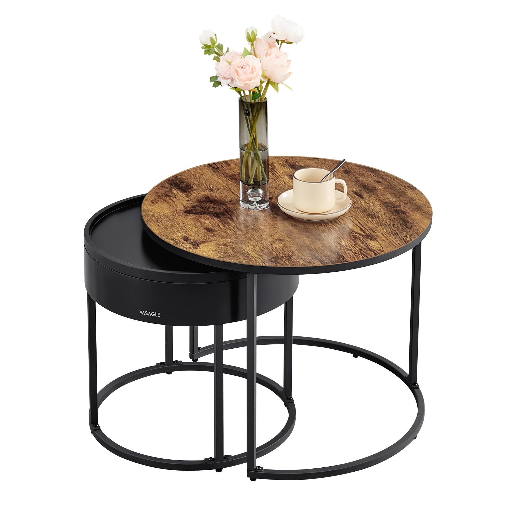 VASAGLE Round Coffee Tables, Set of 2 Nesting Tables, Modern Round Side Tables with Hidden Storage and Top Tray, for Living Room, Bedroom, Office, Rustic Brown and Ink Black ULCT044K01 Rusti