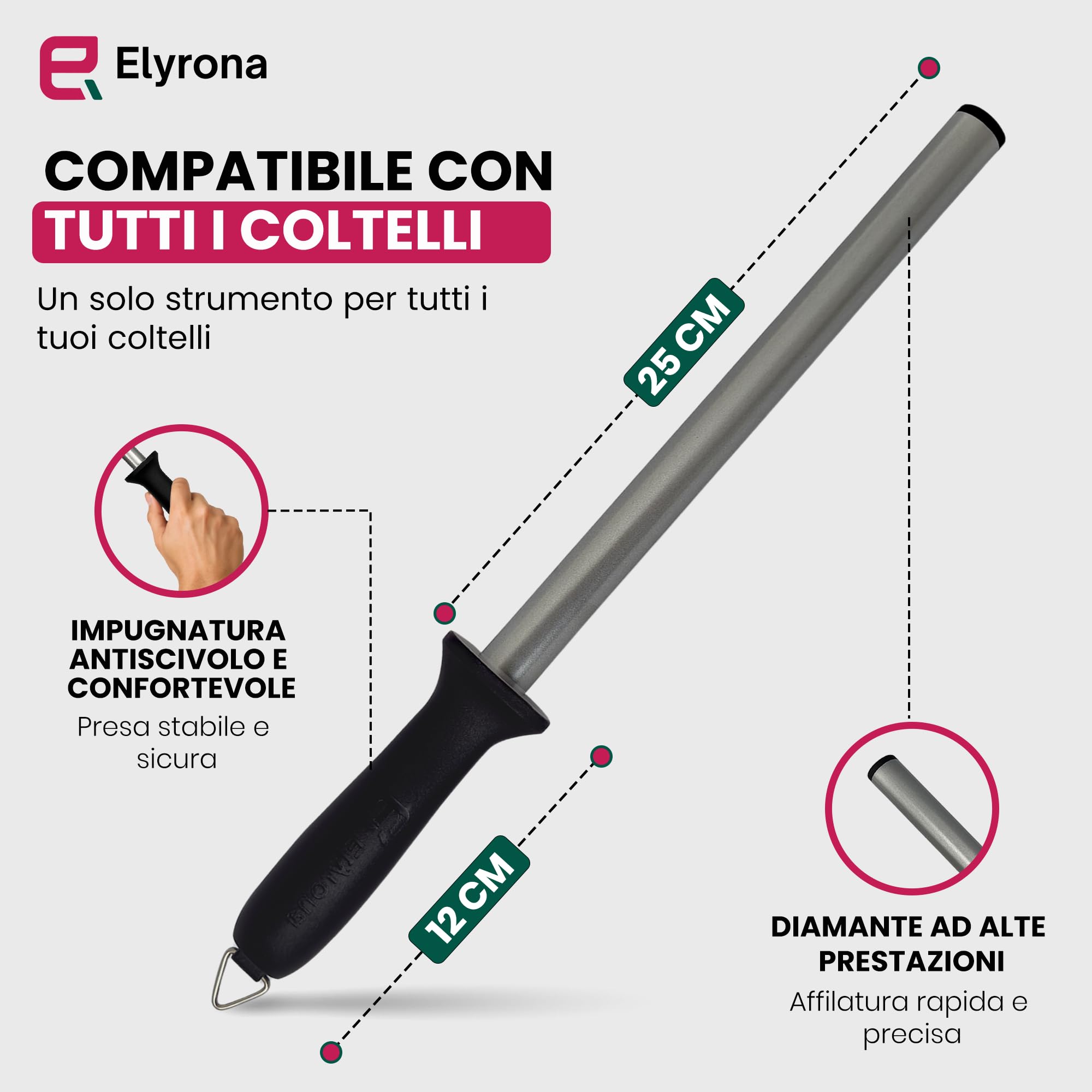 Affilacoltelli Professionale Diamantato 25 cm – Acciaino per Coltelli Cucina Manuale – Affila Coltelli Acciaio con Manico Antiscivolo – Mola Affilacoltelli per Tutti i Tipi di Lame