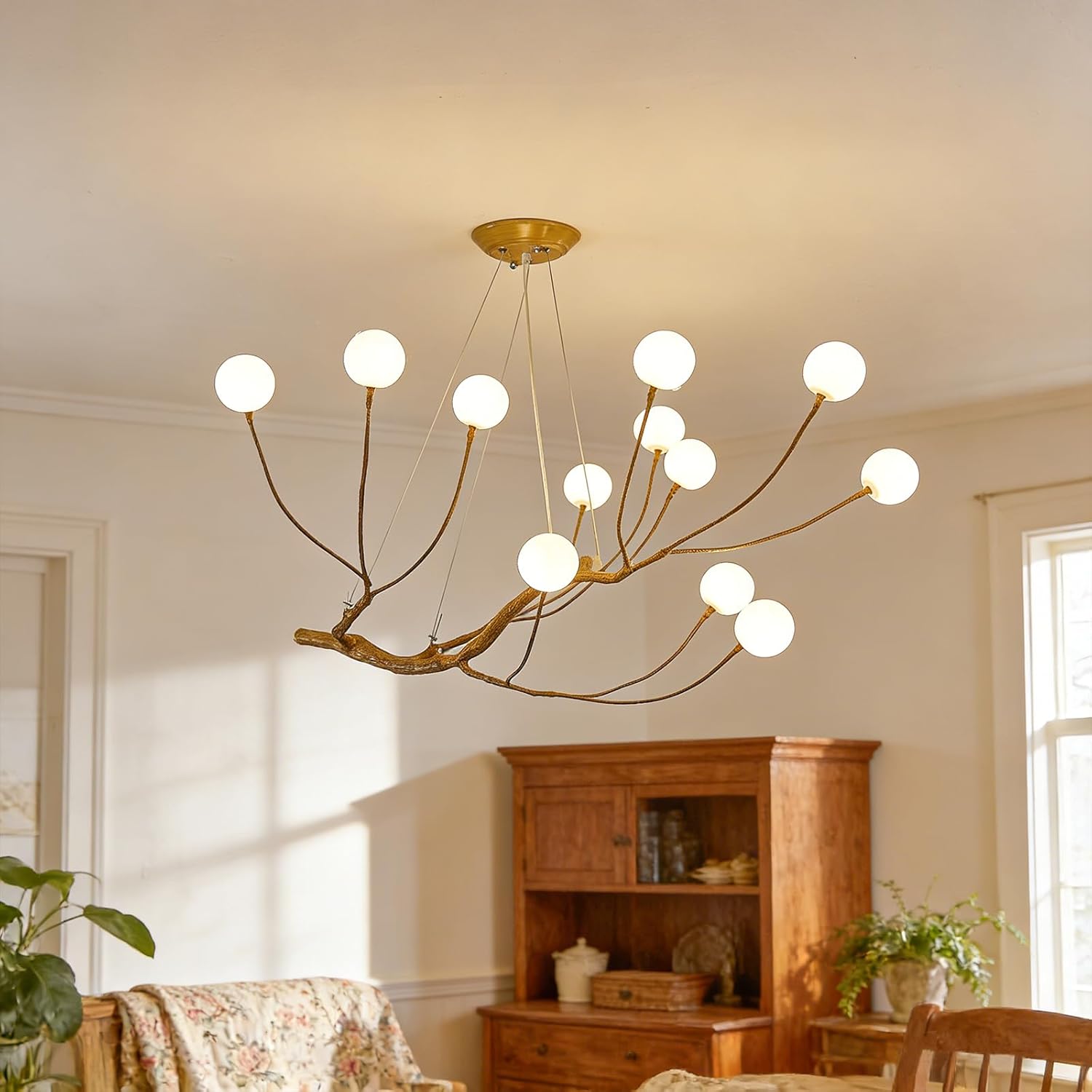 Tree Branch Chandelier for Living Room, 12-Light Large Rustic Limb Chandeliers, Wood Grain Resin & Metal Ceiling for Farmhouse, Dining Room, Art Deco Vintage Branch Chandelier Lighting(47 in)