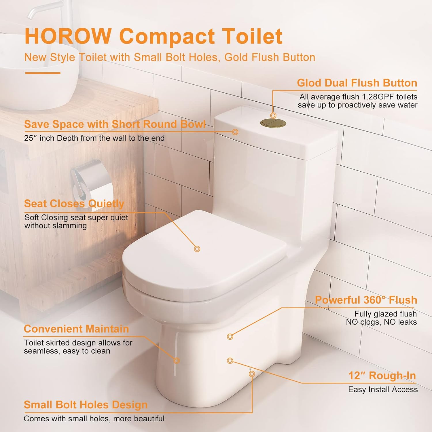 HOROW One Piece Small Toilet with Gold Flush Button, Compact 25" Length Dual Flush 1.1/1.6 GPF Short Toilet for Bathroom, Water Saving Bowl with Soft Close Seat, 12" Rough-In, White
