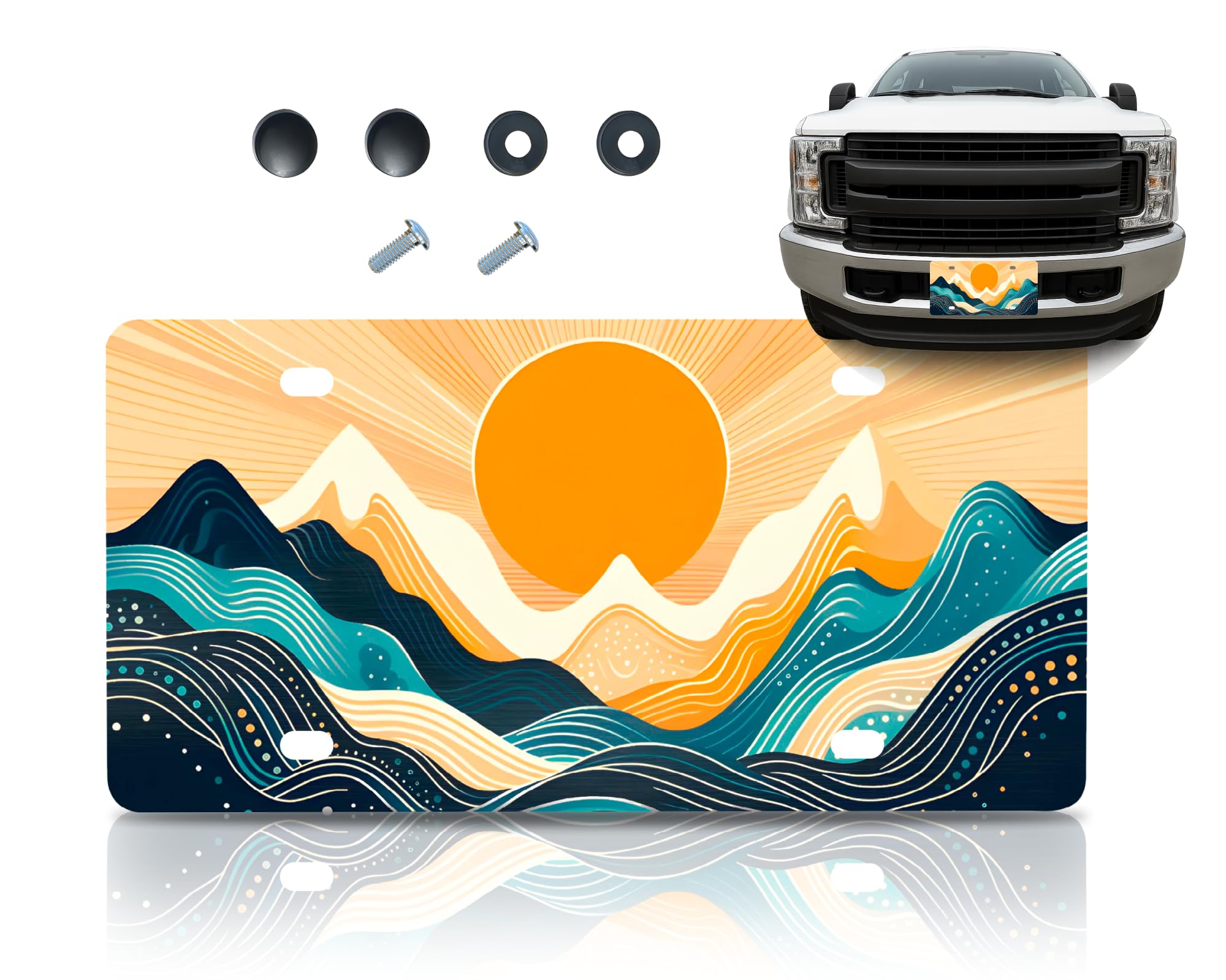 Decorative Retro Sunset/Sunrise Waves Front License Plate Frame - Accessories Decorative Sun Art License Plate Frame Front Tag - Car Sun and Waves