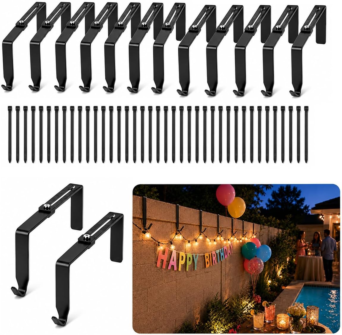 12 Pcs Adjustable Outdoor String Light Hooks for 3.2-6 Inch Concrete Walls, No-Drill Metal Brick and Cinder Block Fence Hangers for Patio Lights, Holiday Decor and Party Banners
