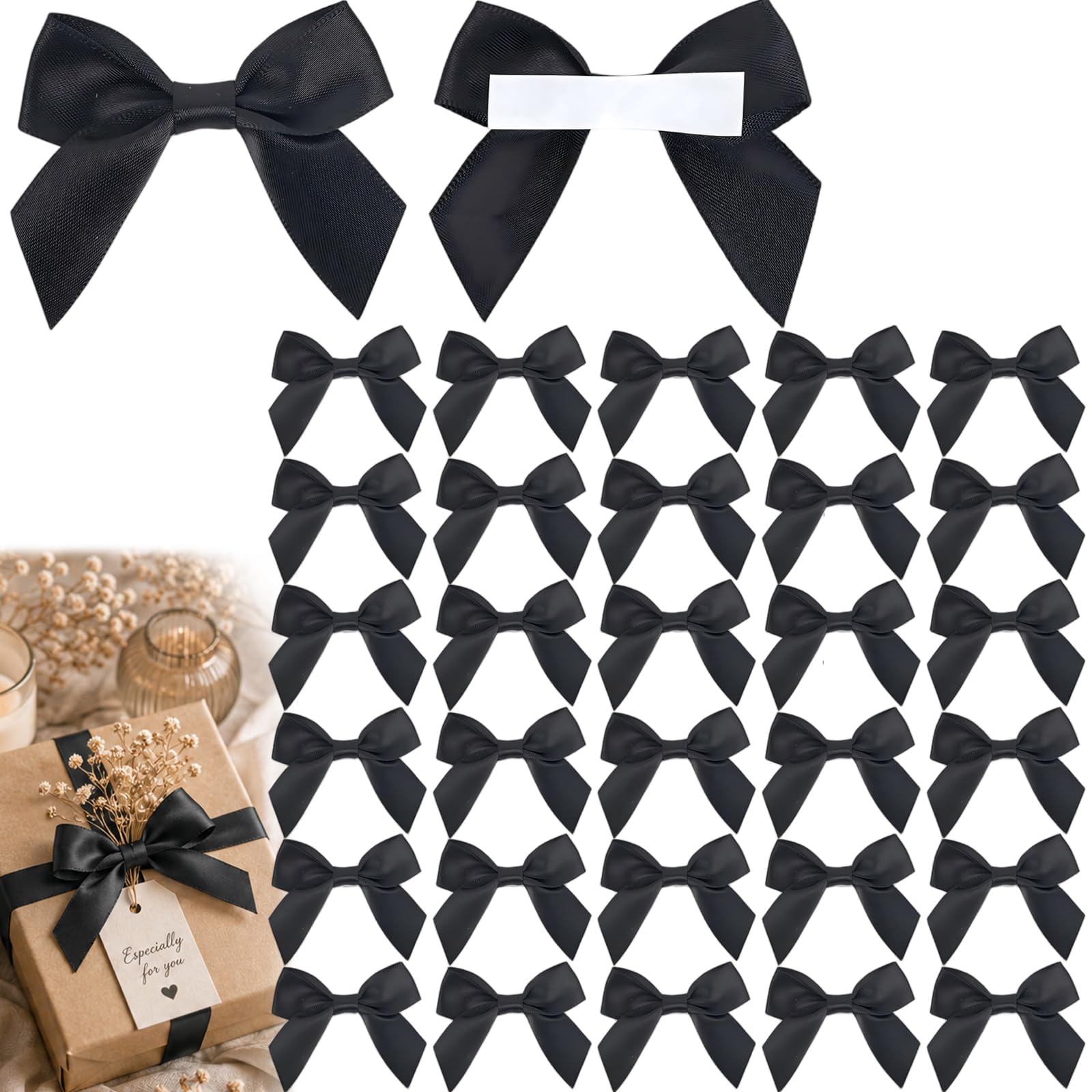 30PCS Mini Satin Ribbon Bows with Sticky Backs 6cm - Self-Adhesive Bow Decorations for Gift Boxes, DIY Sewing Projects, Wedding Decor, Bakery Bags and Party Favours (Black)