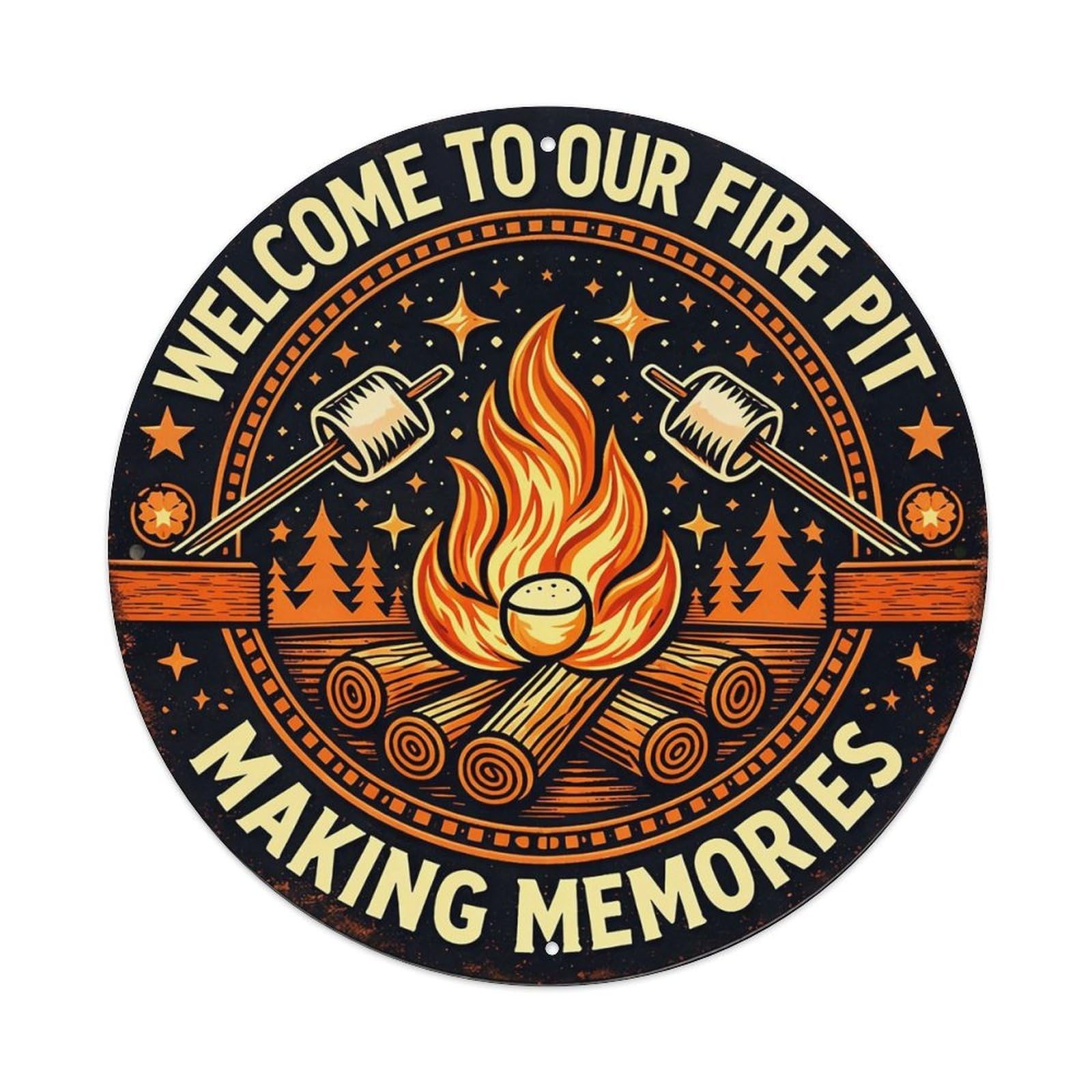 Fire Pit Welcome Sign Pattern Retro Metal Sign Round Tin Sign, Vintage Decor Art Poster for Bar, Home, Man Cave, Kitchen, Laundry Room Gift 8x8Inch
