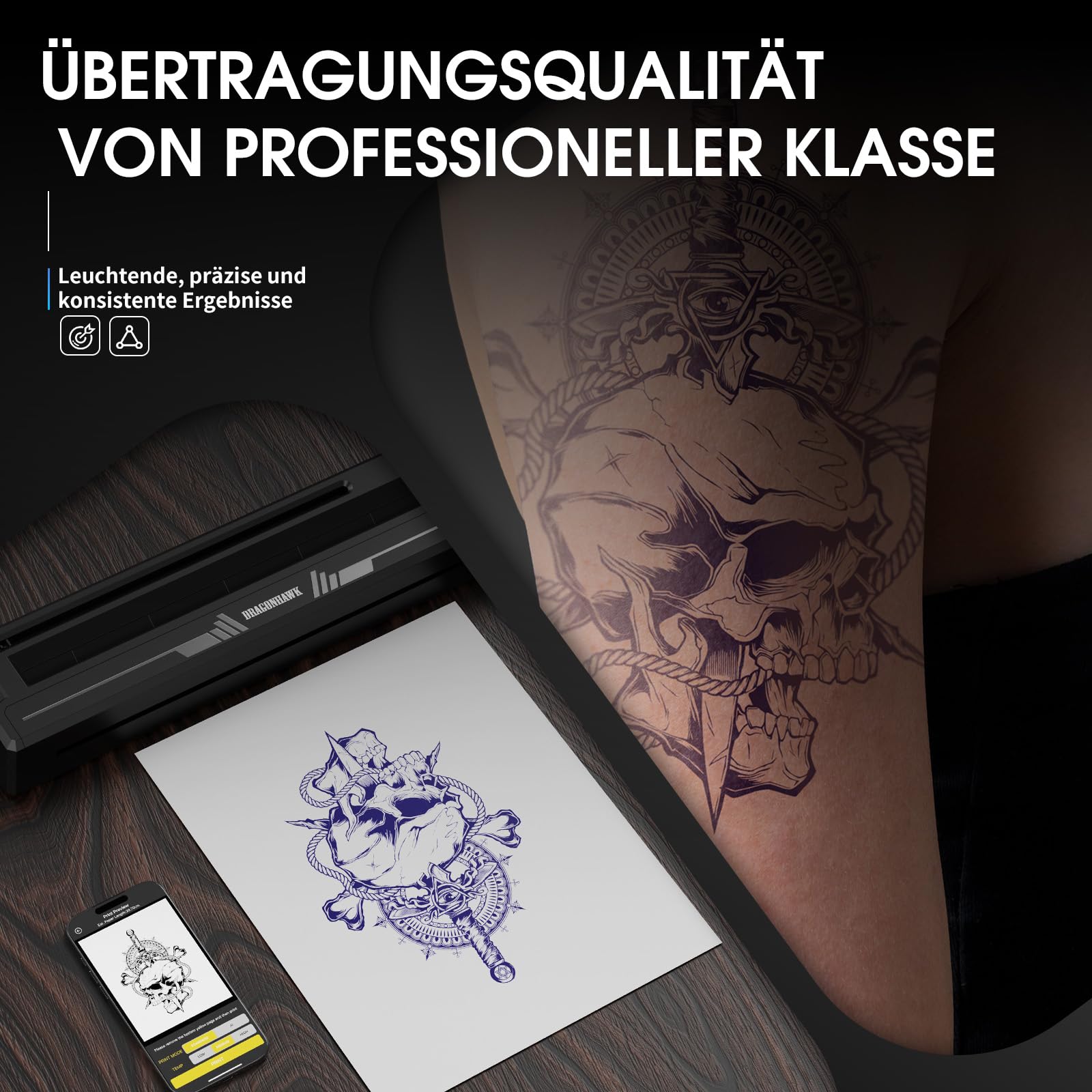 Dragonhawk Tattoo Schablonen Drucker Kabelloser Bluetooth für Smartphone & PC, tragbarer Thermodrucker, kompatibel mit Android, iOS, macOS, Windows – ideal für Anfänger & Profis