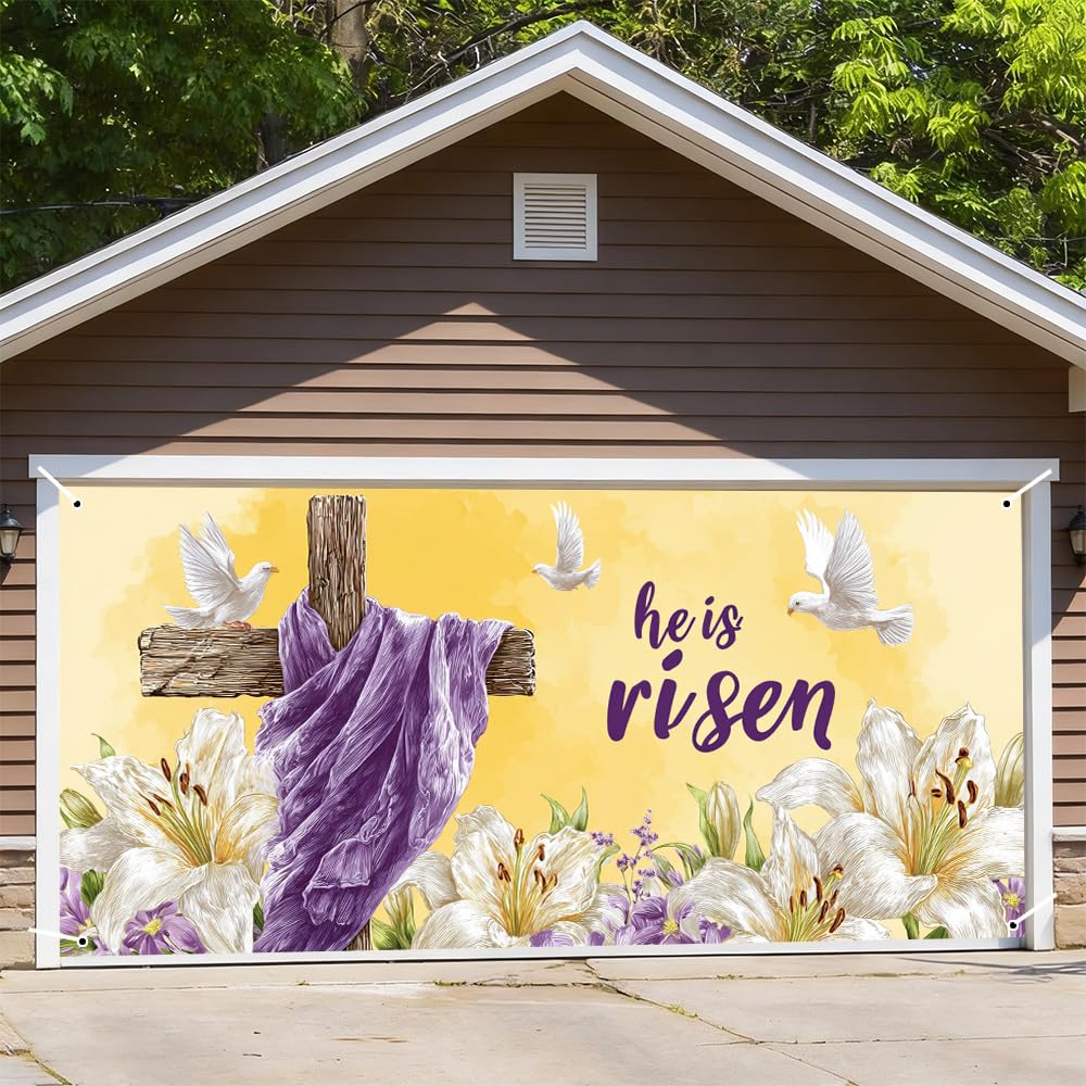 Easter Garage Door Cover 157.48 x 70.87 Inch Spring Floral Illustration White Doves Purple Fabric Blooming Lilies Elegant Seasonal Decor Outdoor Garage Spring Celebration Family Gathering