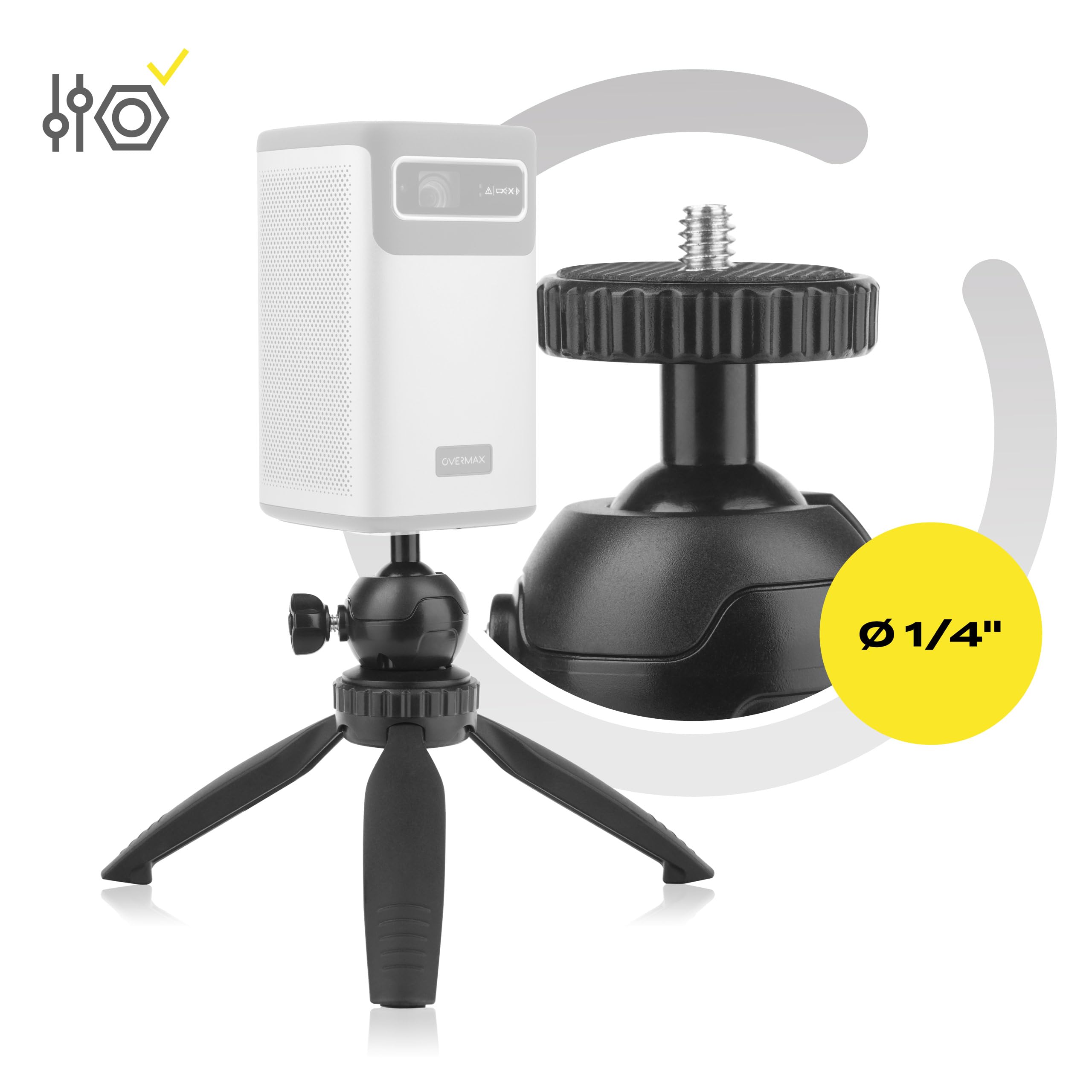 OVERMAX Tripod Mini - Przenośny Stołowy Statyw do Projektora, Aparatu, Kamery, Lampy - Udźwig do 2 kg, Gwint 1/4 cala - Regulacja Kąta i Wysokości, Lekki i Stabilny