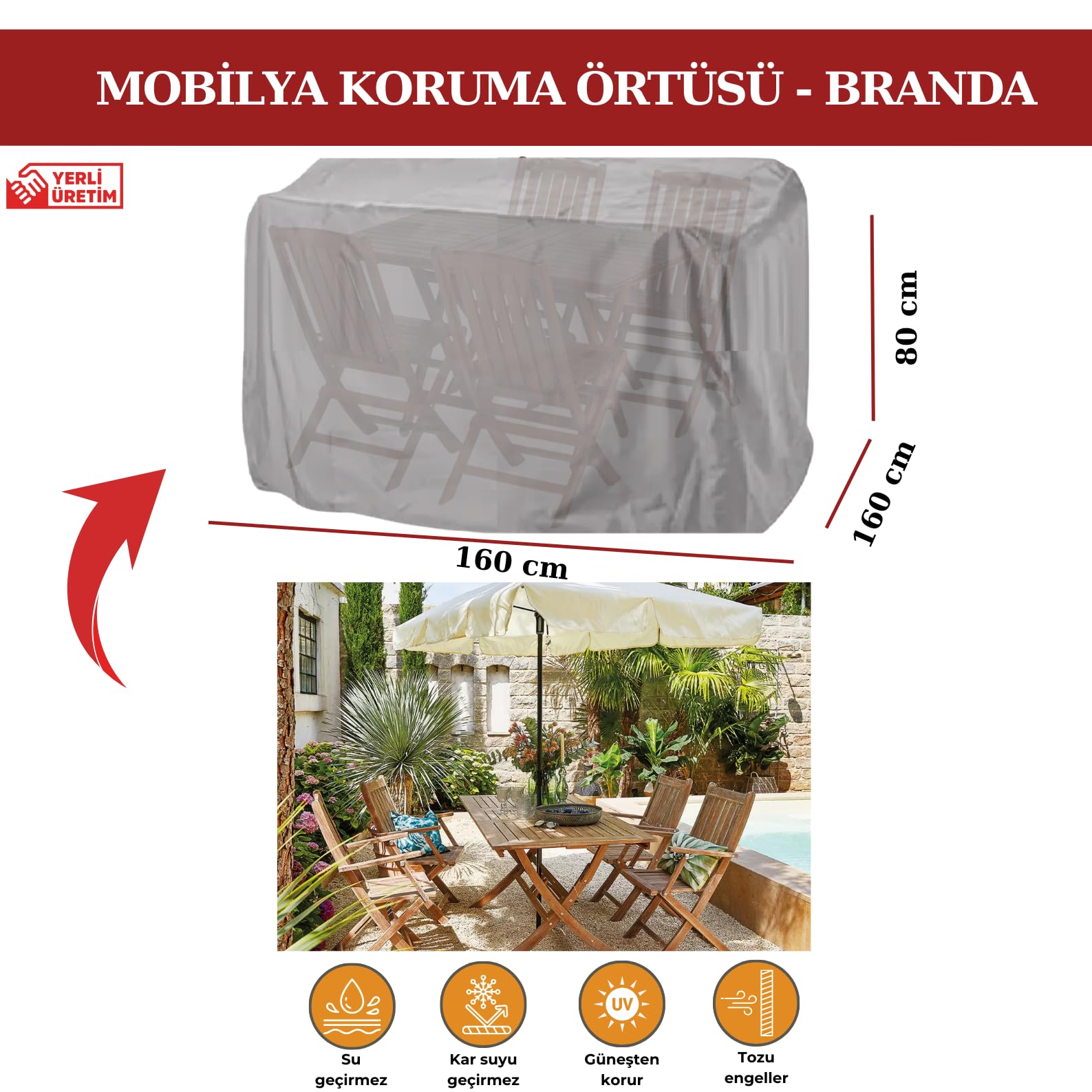 Bahçe Mobilya Koruma Örtüsü Branda (Gri, 160x160x80 cm(santimetre))