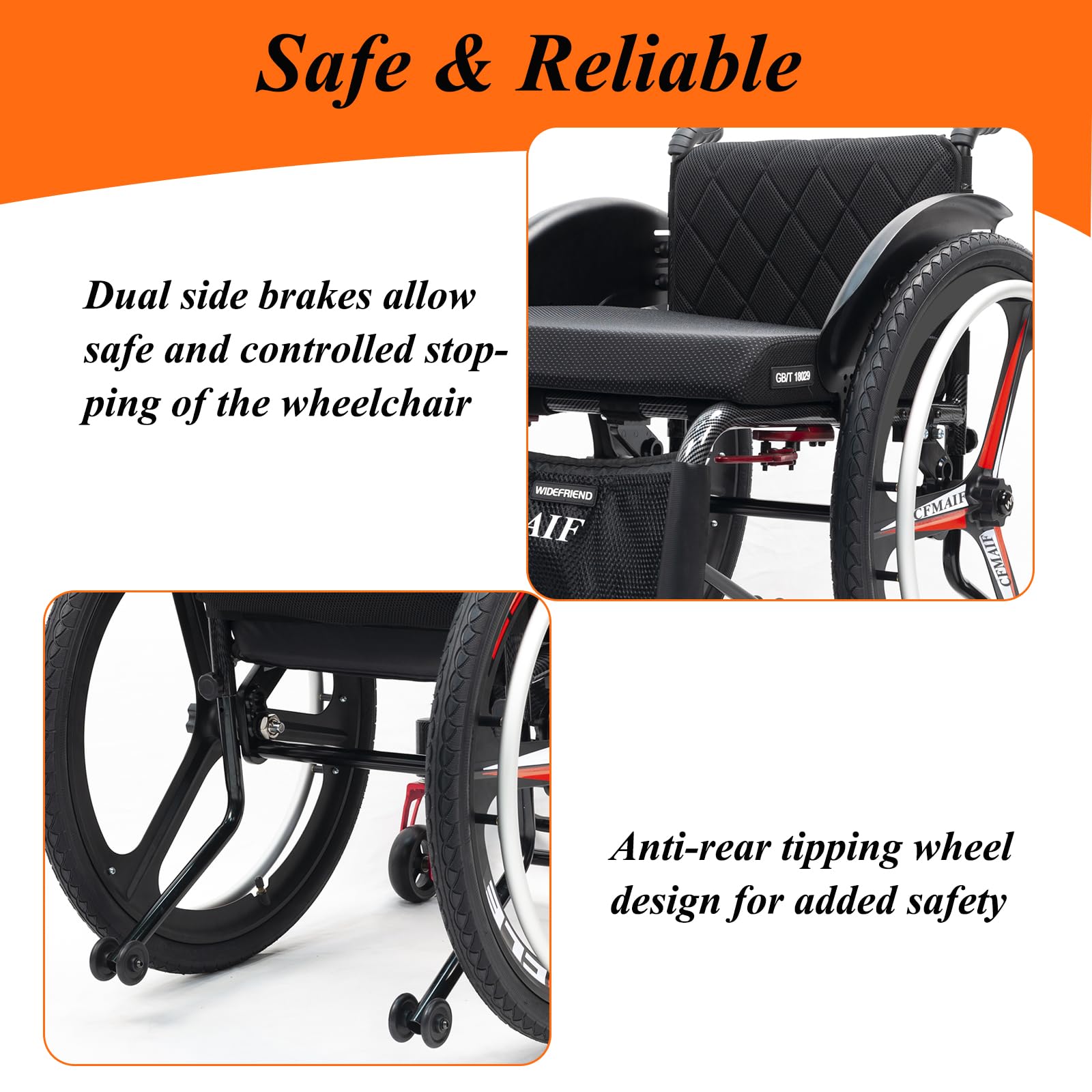 Silla de ruedas deportiva para adultos, silla de ruedas ligera, silla de ruedas manual autopropulsada, silla de ruedas todo terreno con frenos (asiento de 45 cm, plateado)