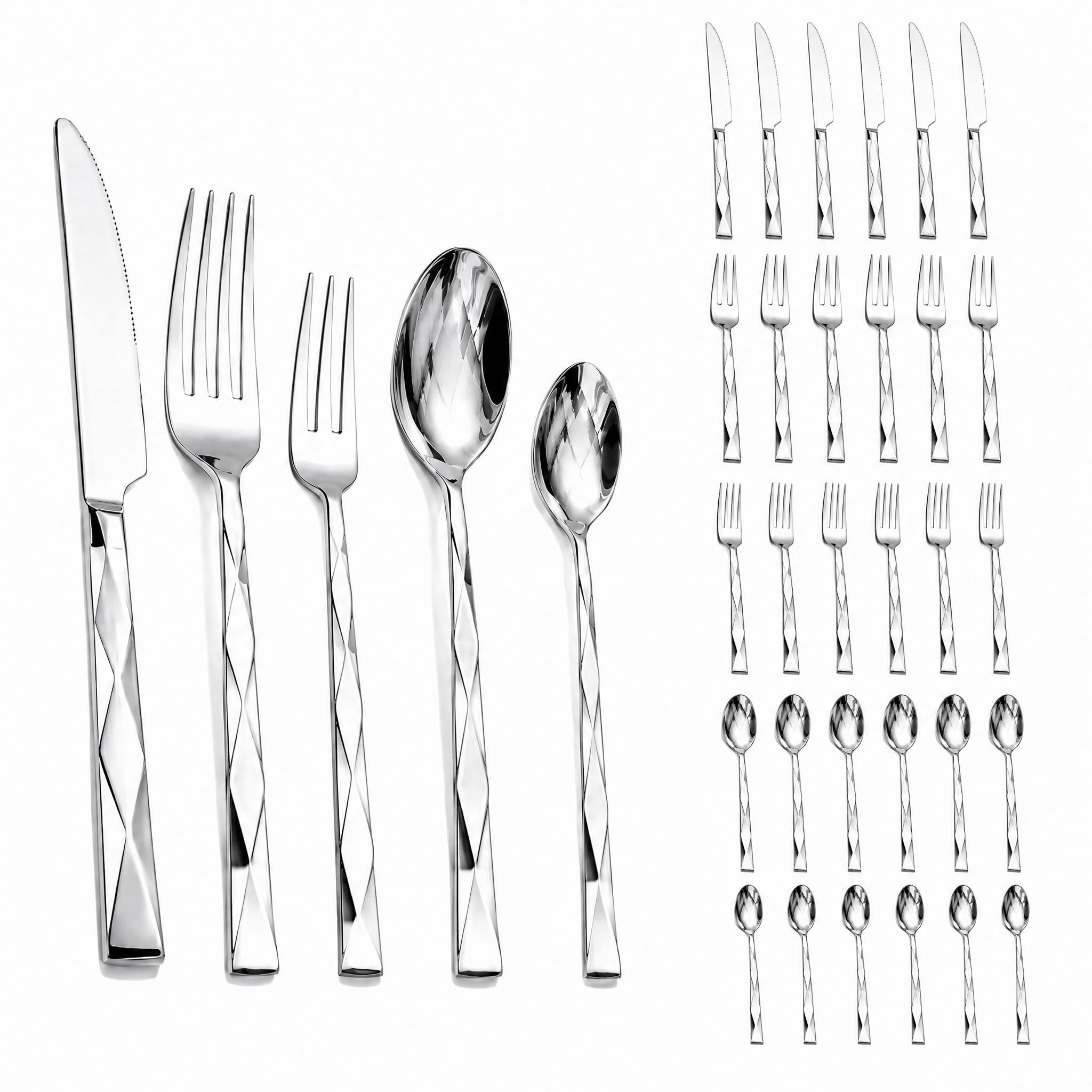 Photo 1 of 30-Piece Silverware Set for 6, Premium Stainless Steel Flatware Cutlery Set with 3D Diamond Faceted Handles, Mirror Polished & Dishwasher Safe, Modern Kitchen Utensils Set