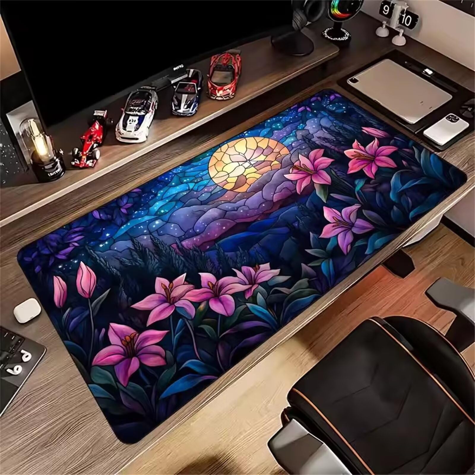 Grand Tapis de Souris XXL Fleurs Lune 900 x 400 x 3mm, Tapis de Bureau Gamer avec Bords Cousus et Base Antidérapante pour Haute Précision et Vitesse