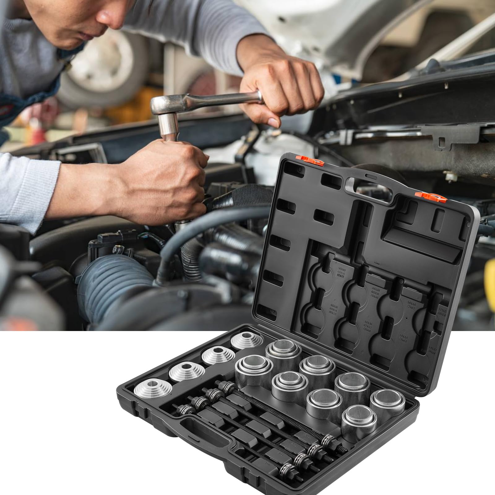 VEVOR Kit Manicotto di Trazione e Pressione da 36 Pezzi, Set di Rimozione e Installazione Cuscinetti a Boccola in Acciaio, con Custodia per Il Trasporto, Compatibilità Multi-Veicolo per Motori