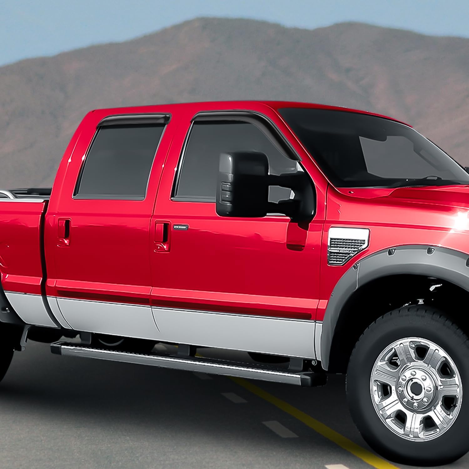 Voron Glass Tape-on Extra Durable Rain Guards for Ford F250-F550 Super Duty 1999-2016 SuperCrew, Window Deflectors, Vent Window Visors, 4 Pieces - 100935