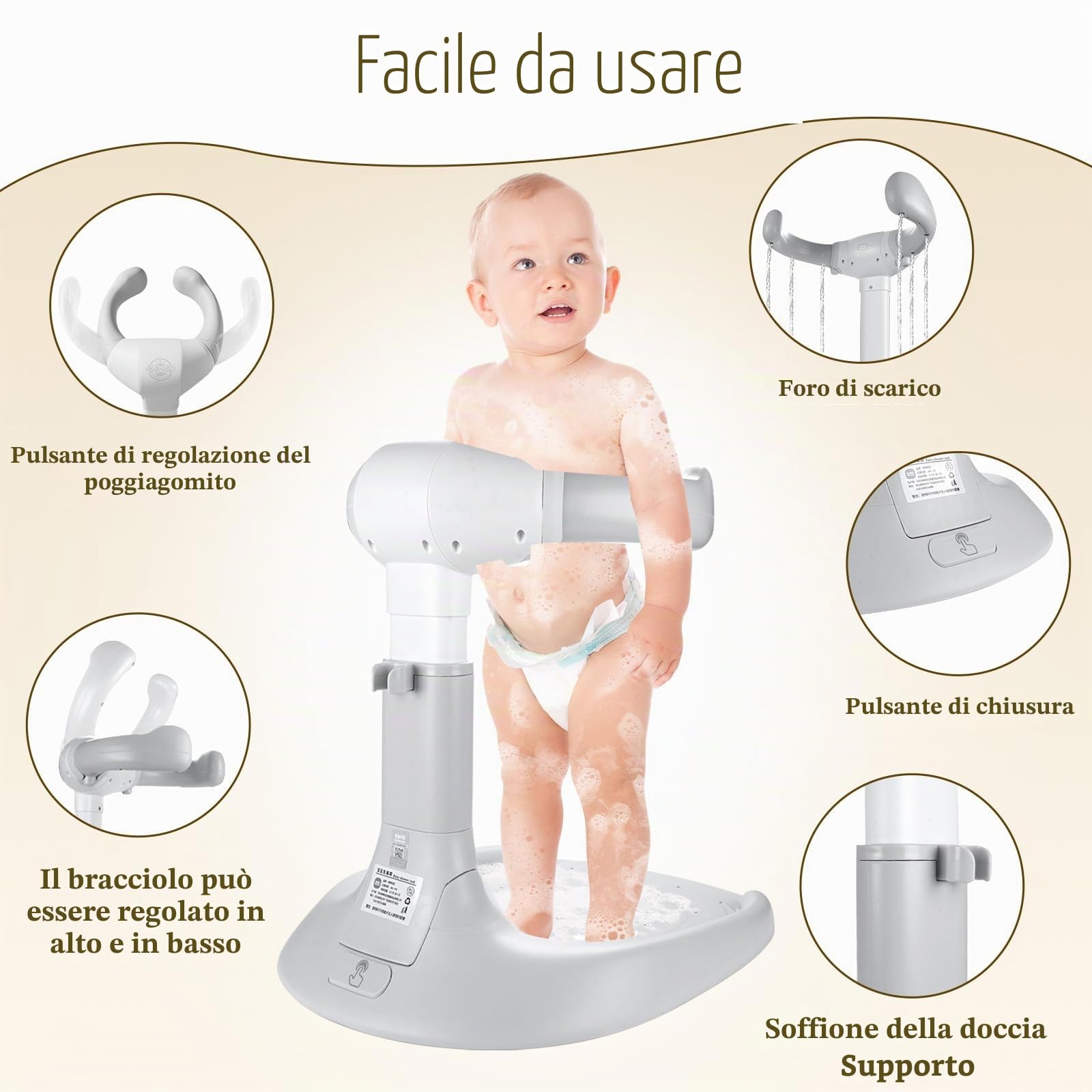 Supporto Doccia Bambini in Piedi, Regolabile Spporto per Doccia Bambini con Cuffia per la Doccia, Doccia Neonato, Pieghevole Supporto per Vasca da Bagno per 8-36 Mesi, Neonati e Bambino piccoli