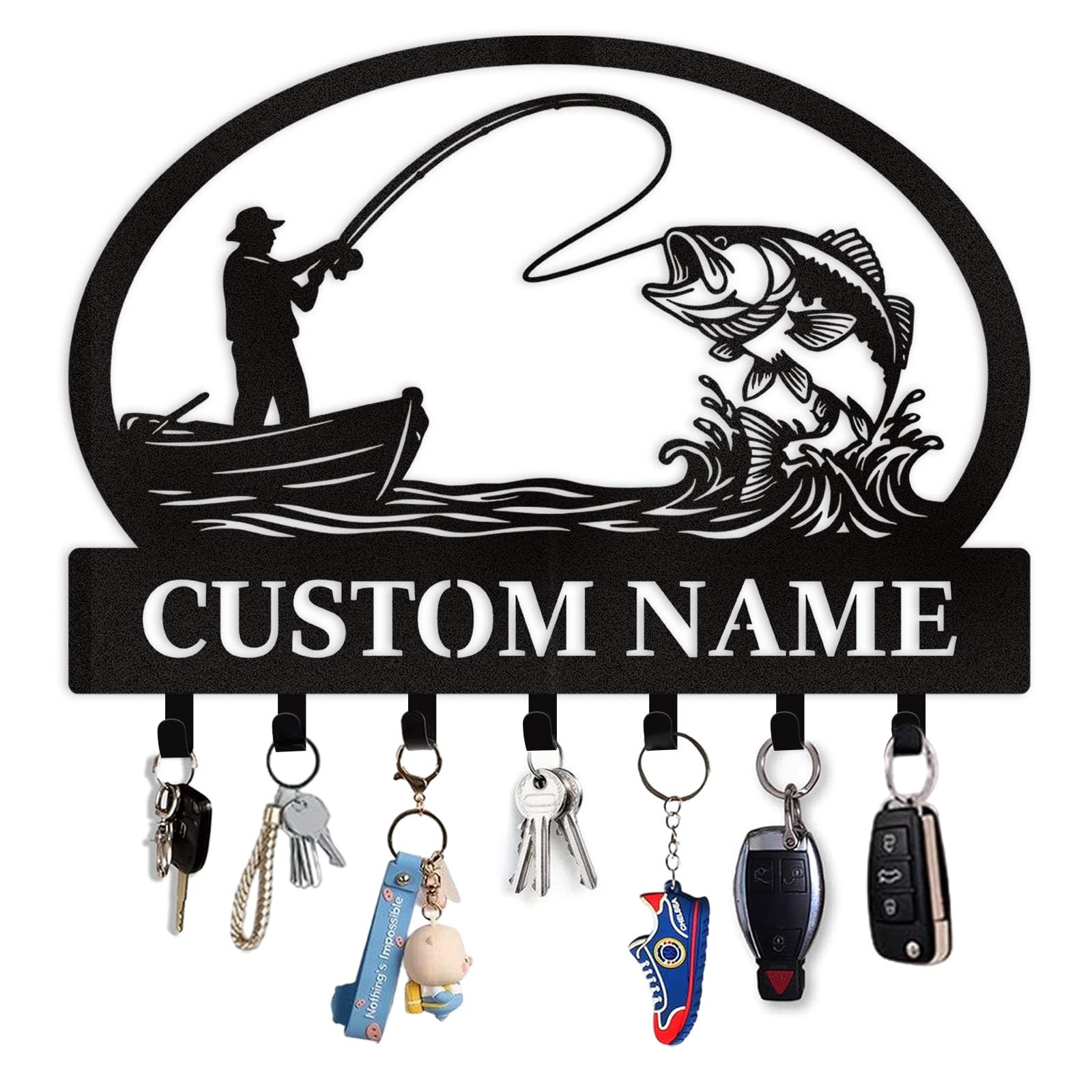Personalized Fishing Key Holder Wall Mount, Big Fish Metal Key Holder for Wall, Custom Name Keys Hanger for Fishing Lovers Gifts, Decorative Fishpond Keys Hooks for Fisherman Color05