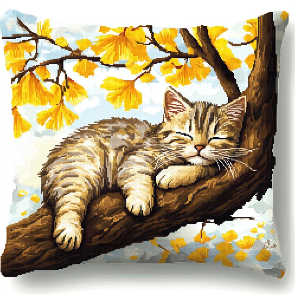 Taxpy Latch Hook Pillow Case Kits,Cute Cat Lying On The Tree 17X17Inch 3D DIY Latch Hook Cushion Cover Kit,Knitting Kits Cushion for Adults and Beginners Rug Making Kit for Starters