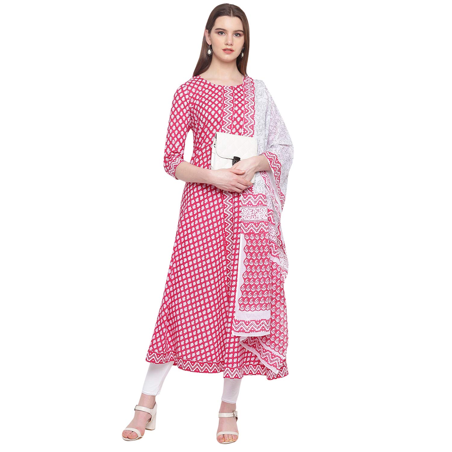 Stylum Women's Printed Cotton Flared Kurta with Dupatta