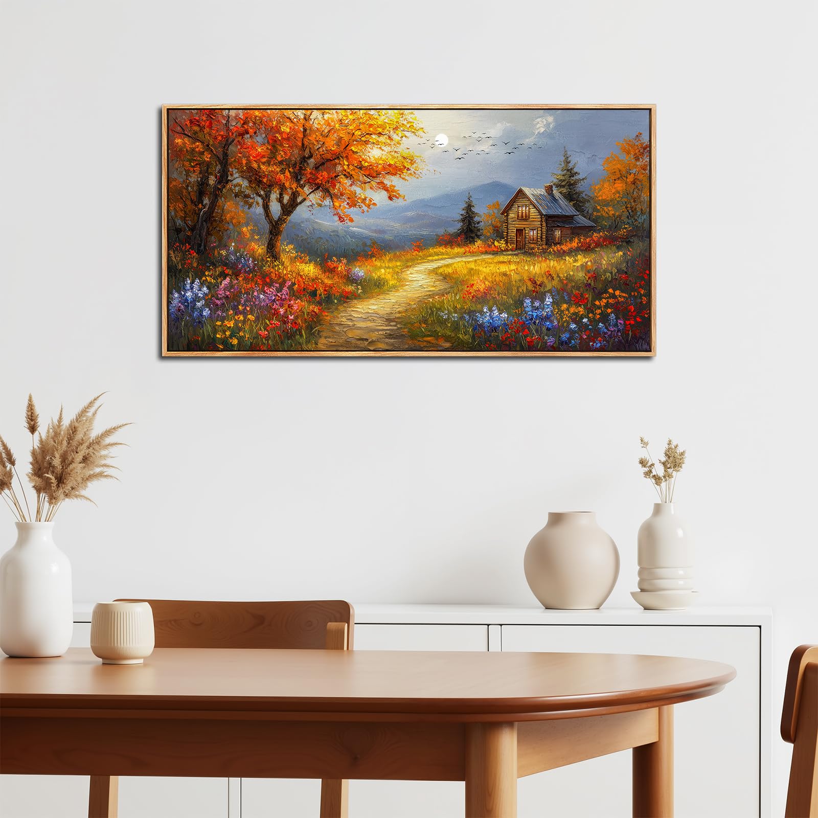 SERIMINO Quadro Moderno Fiori Paesaggio con Cornice Grandi 50x100 cm | Fiori Selvatici, Legno Massello, Tela Densa, Stampa HD, Install Facile, Usi Vari, Regalo