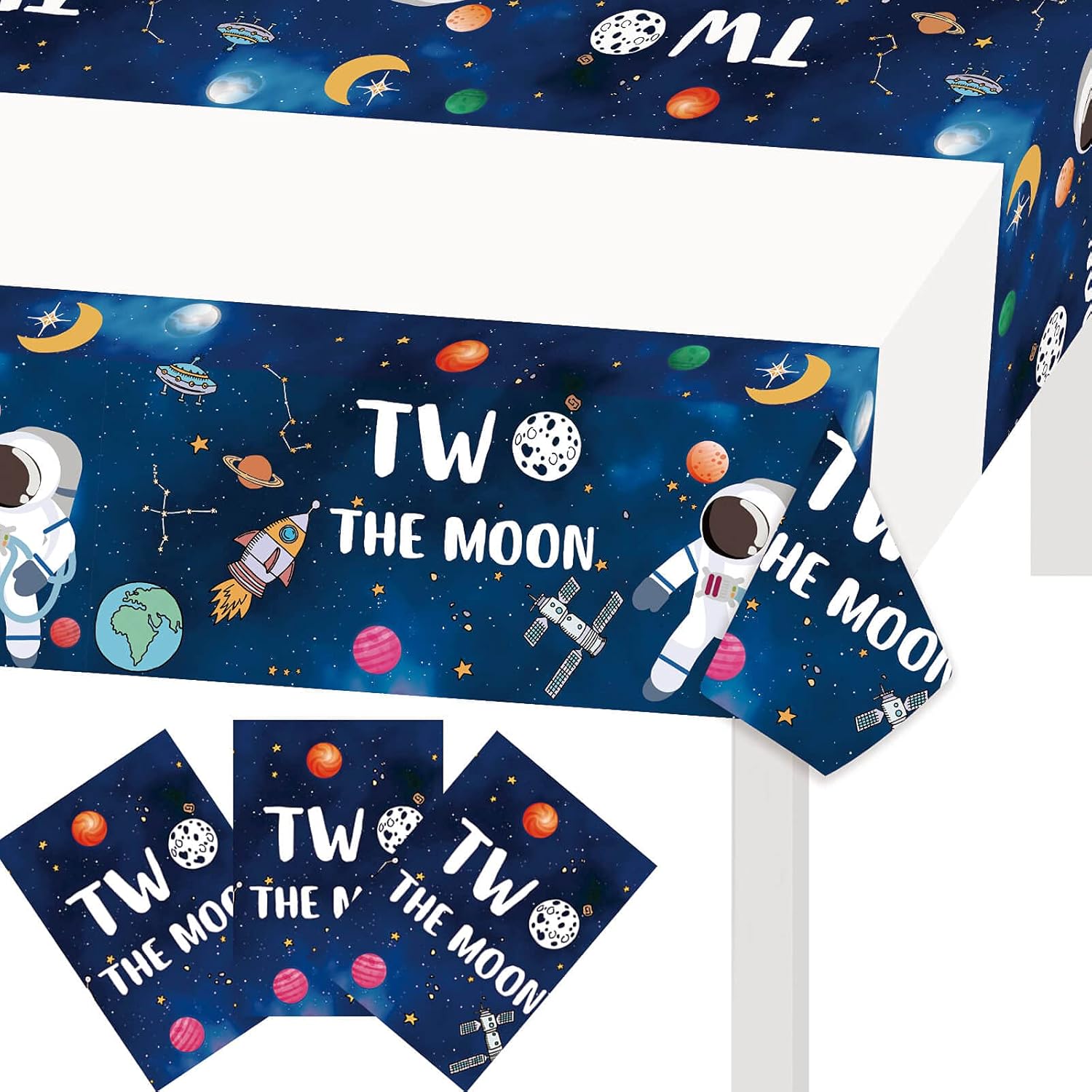 Vetwo 3 Pcs Two The Moon Tablecloth 2 The Moon Party Table Covers for Galaxy Astronaut Space Man Robot UFO Outer Space Theme Baby 2nd Birthday Party Supplies Decorations