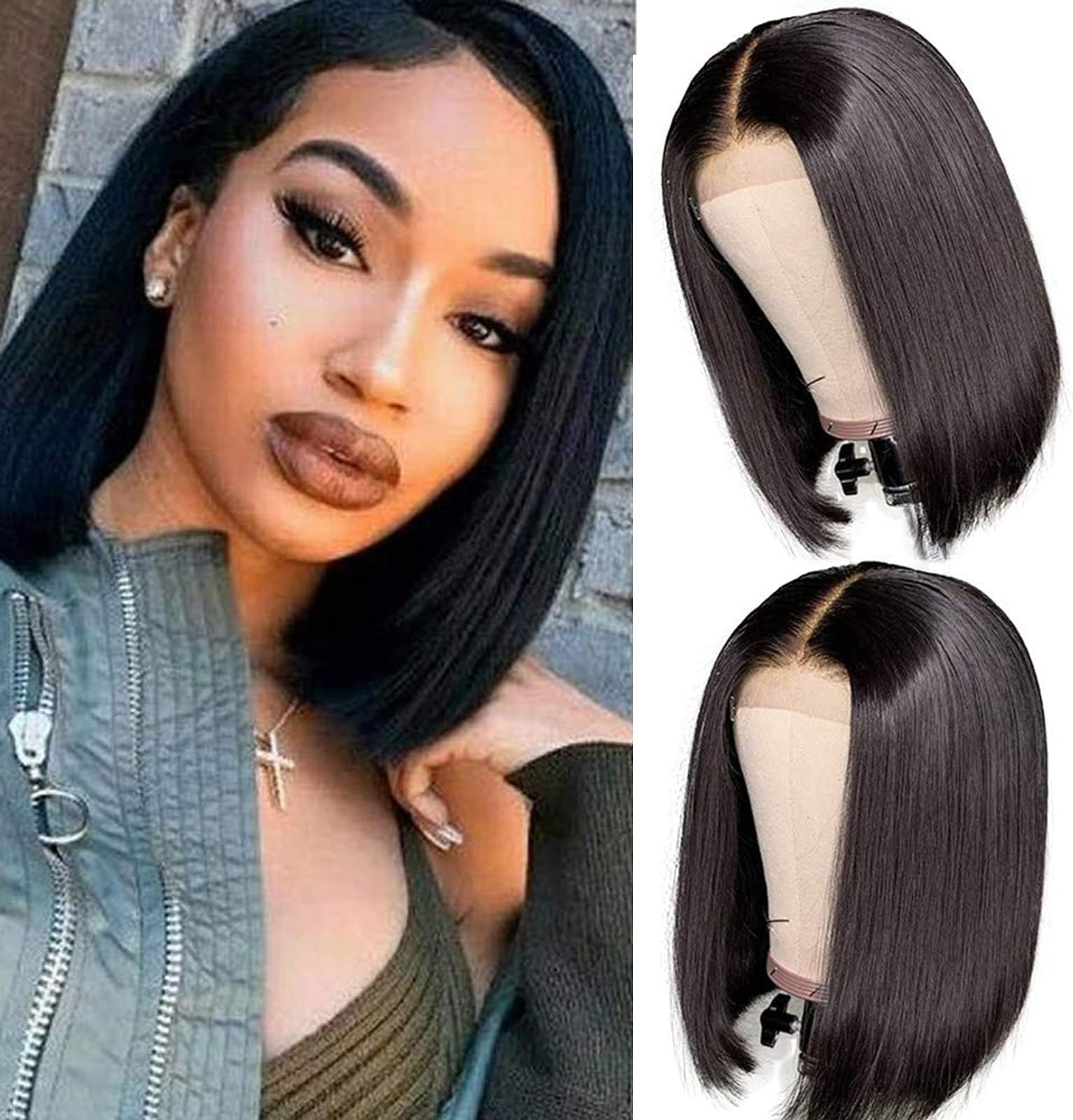 ISEE Hair 13x4 Lace Front Wigs Brazilian Virgin Human Hair Wigs Short Straight Bob Wigs 150% Density Pre Plucked with Baby Hair Bleached Knots Silk Straight Hair For Black Women (8inches)