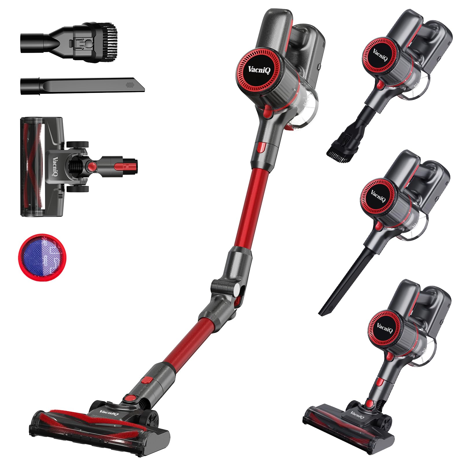 VacniQ Cordless Vacuum Cleaner, Stick Vacuum, Long Runtime, Powerful Suction for Home Pet Carpet Floor, Anti Hair Wrap, Rechargeable Battery (red)
