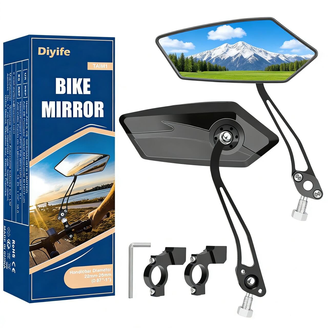 Bike Mirror, [2pc, Pair] Diyife HD Wide Angle Large Bicycle Rear View Mirror, 360°Adjustable Explosion-Proof Bicycle Mirrors for Handlebar 22-25mm, Shockproof for Mountain Road Bike Scooter Motocycle