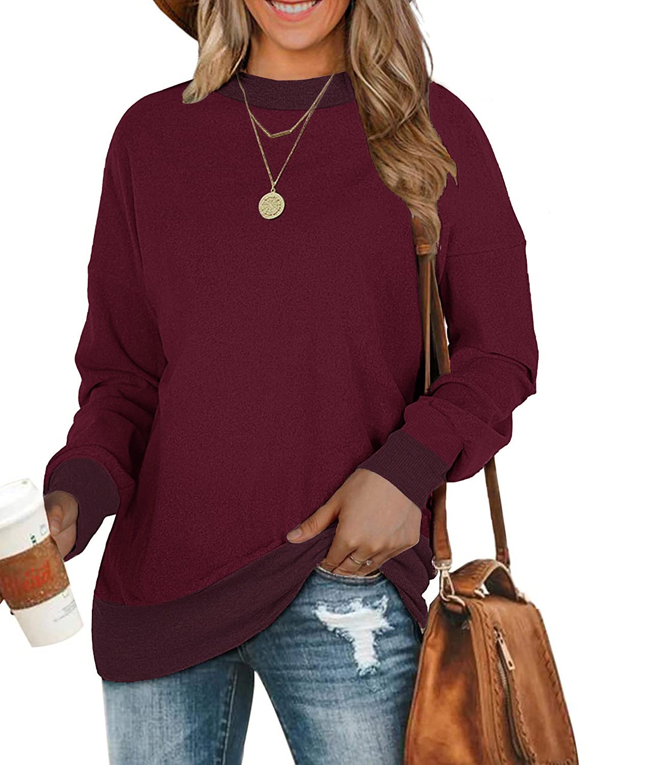 Womens Sweatshirts Long Sleeve Pullover Tops for Leggings Casual Fall Shirts Wine Red M