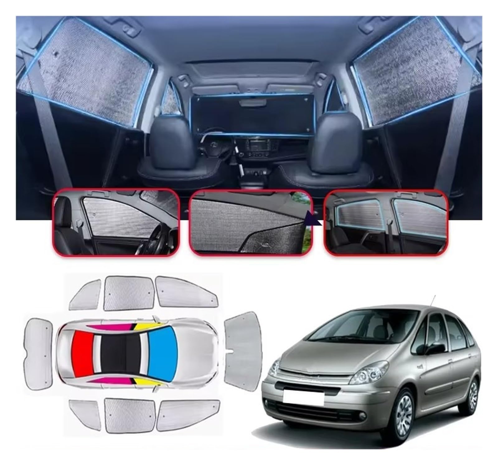 Parasol Coche Parasol Para Parabrisas De Coche Con Aislamiento Térmico Y Visera Parasol Para Citroen, Para Xsara Para Picasso (2004-2007) Parasol Luna de Coche(Car Full Set)