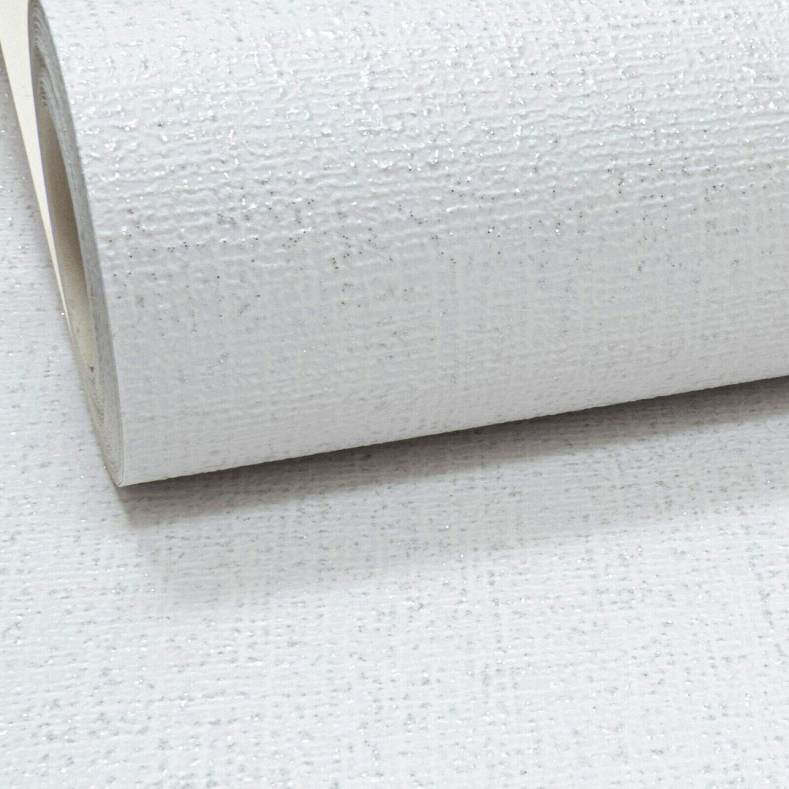 Muriva White Thick Textured Silver Glitter Vinyl Wallpaper Shimmer Linen Effect Plain - White