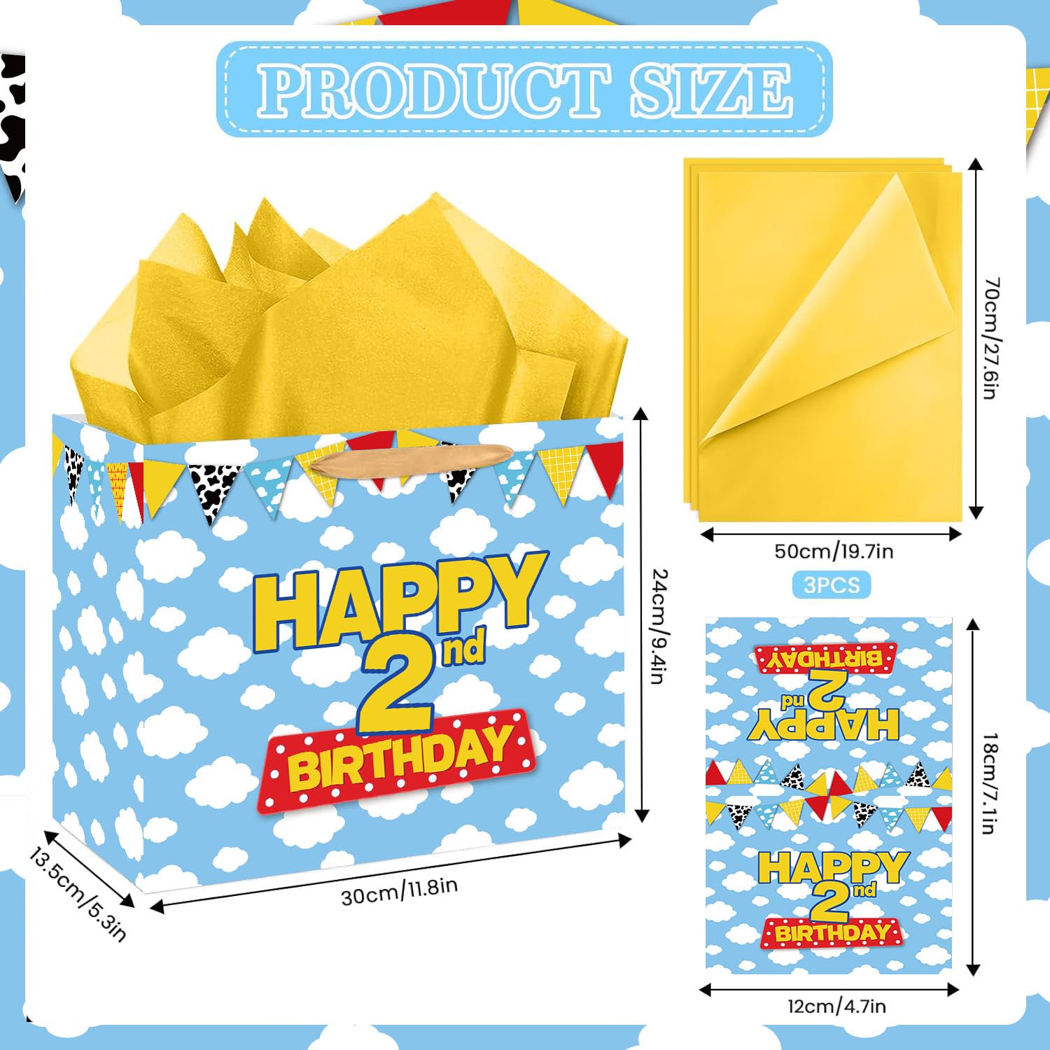 Cartoon Story 2nd Birthday Gift Bag with Tissue Paper and Greeting Card, Two Years Old Party Favor Bags Blue Sky White Clouds Cow Story 2nd Birthday Wrapping Paper Goodie Treat Bag for Kid Party Decor