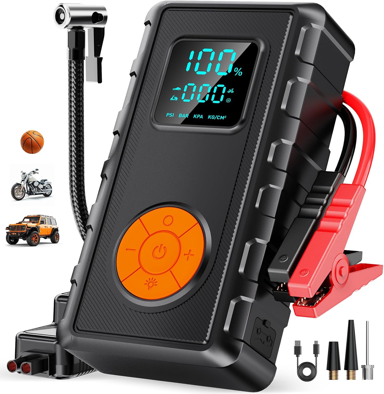Jump Starter com compressor de ar, partida de bateria Jump Starter Bateria de carro inicial 8.0 Gás/7.0L Diesel, caixa de salto portátil, partida de salto portátil de 12V com inflador de pneus, luz LED, ideia de presente para o homem