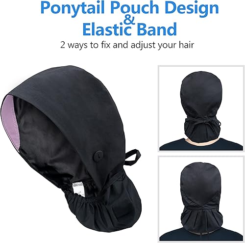 Miniatura 10 de QBA Gorra de trabajo ajustable con botón, gorro forrado de satén, gorro de trabajo de algodón, banda elástica para atar en la espalda, unisex