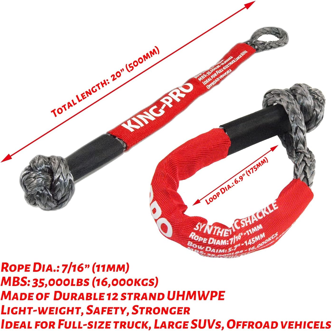 KING-PRO Kinetic Recovery Rope and Soft Shackle and Snatch Recovery Ring, Set of 4