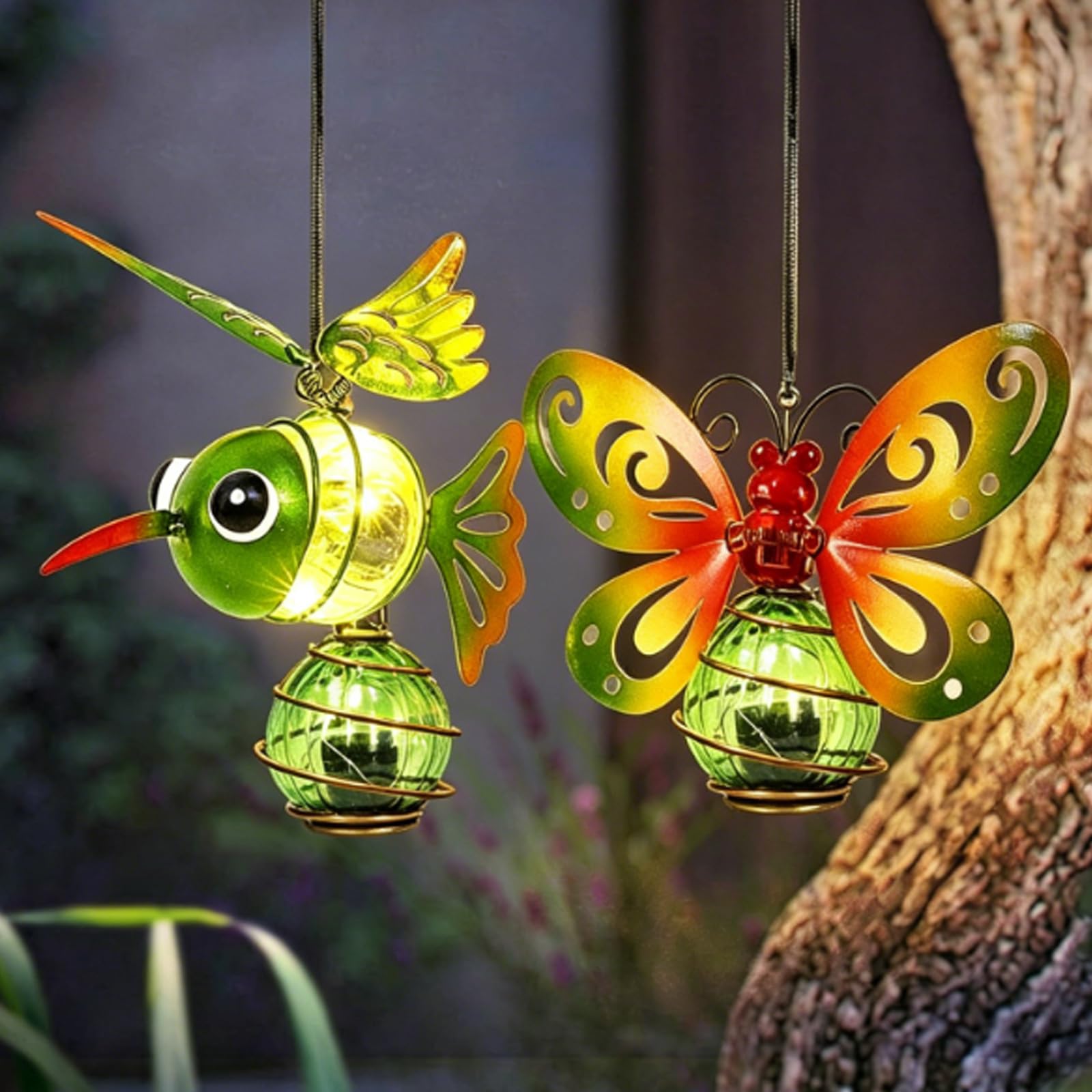 2Pcs Hanging Solar Butterfly & Hummingbird Lights, Outdoor Garden Decor with Metal Art, Solar Powered Yard Decoration for Patio Porch Backyard Fence, Waterproof Hanging Lantern Gifts for Women Mom