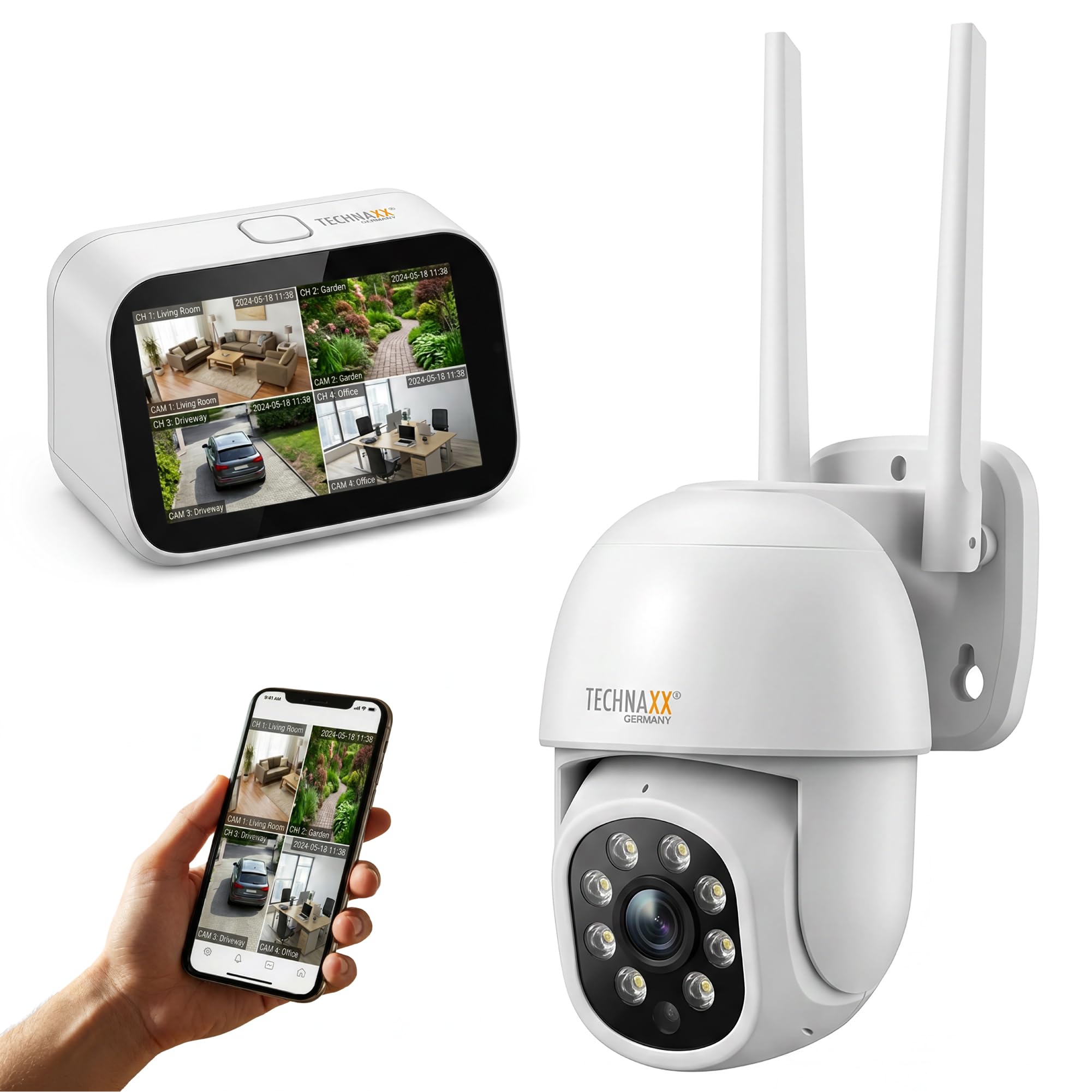 Technaxx Mini Kit de Cámara de Vigilancia con Monitor Táctil de 4,3" – Cámara WiFi 3MP 2K de Doble Banda (2,4/5,8 GHz), IP65, PTZ (Pan/Tilt), Detección de Personas y Visión Nocturna - TX-389