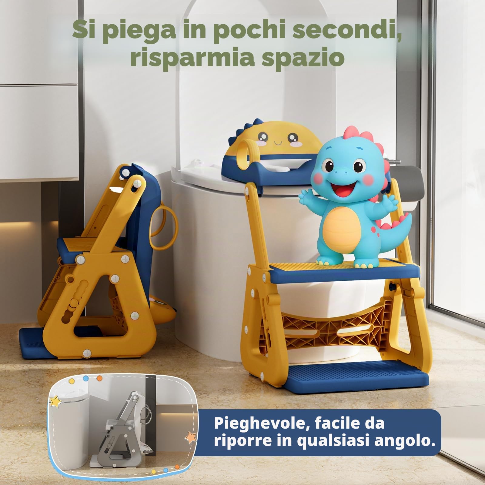 Riduttore Wc Bambini con Scaletta, 2 In 1 Scaletta Wc Per Water Bambini con Struttura a Triangolo, Paraspruzzi Estesi Regolabile e Pieghevole Sgabello Antiscivolo, Adattatore per Bambino e Cuscino