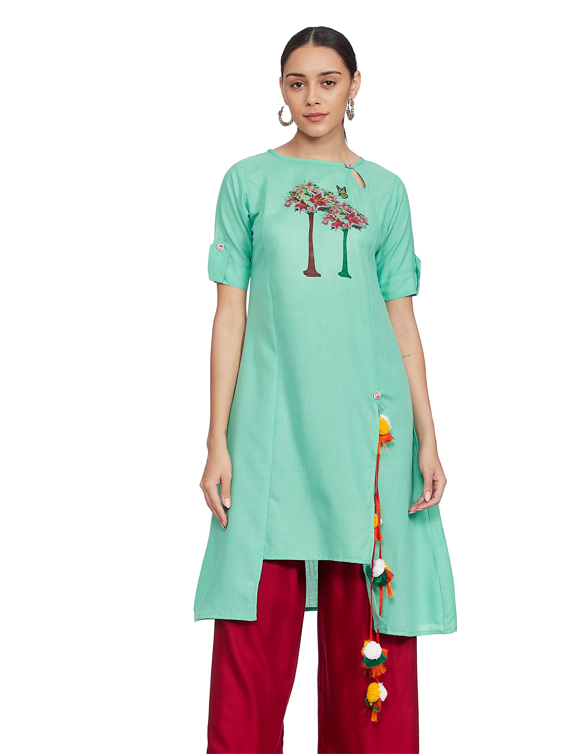 Om Sai Latest Creation Women's Slub-Rayon Half Sleeve Anarkli Kurti (Turquoise, X-Large)