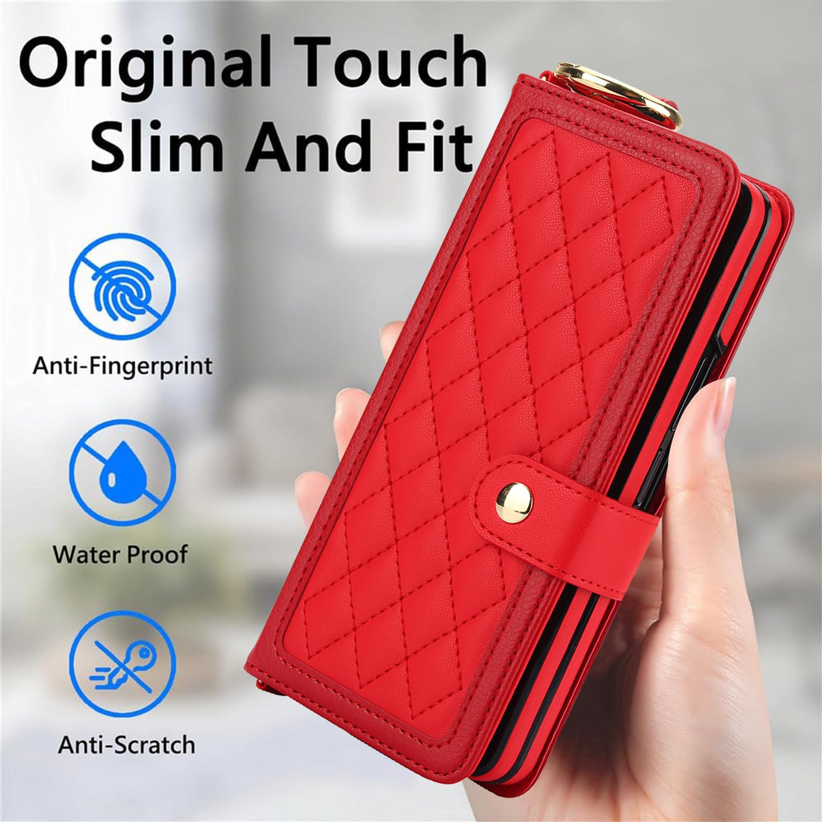Skórzane etui do Samsunga Galaxy Z Fold 6, modny portfel z klapką, etui na telefon komórkowy z 4 miejscami na karty i uchwytem na długopis S, pasek na nadgarstek, etui z podstawką, czerwone