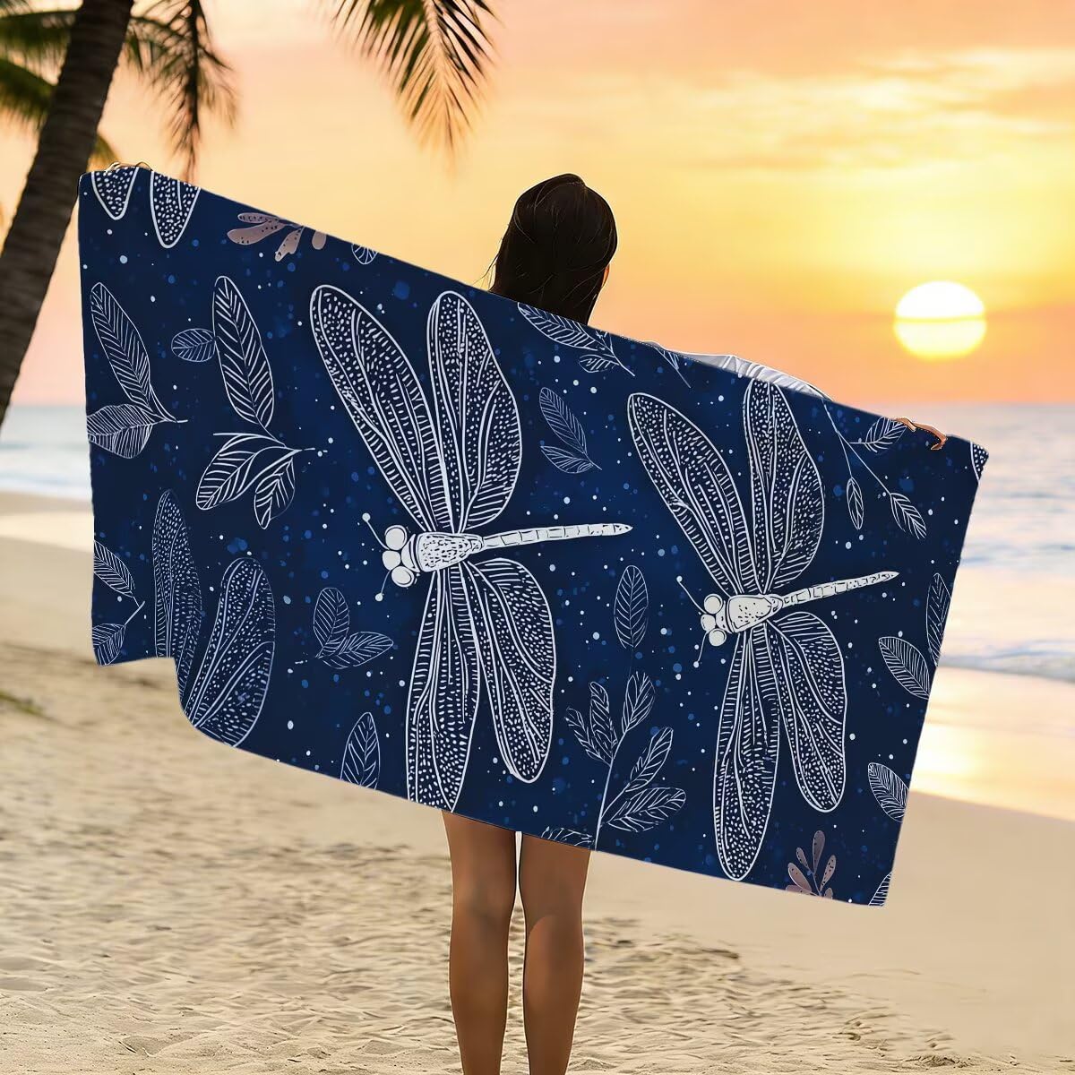 Telo Mare Microfibra, Telo Mare Grande 90x200cm 2 Pezzi, Asciugamano Palestra Donna Asciugatura Rapida, Antisabbia Asciugamano Microfibra, Leggero Asciugamani Palestra per Regalo (Libellula) -4246
