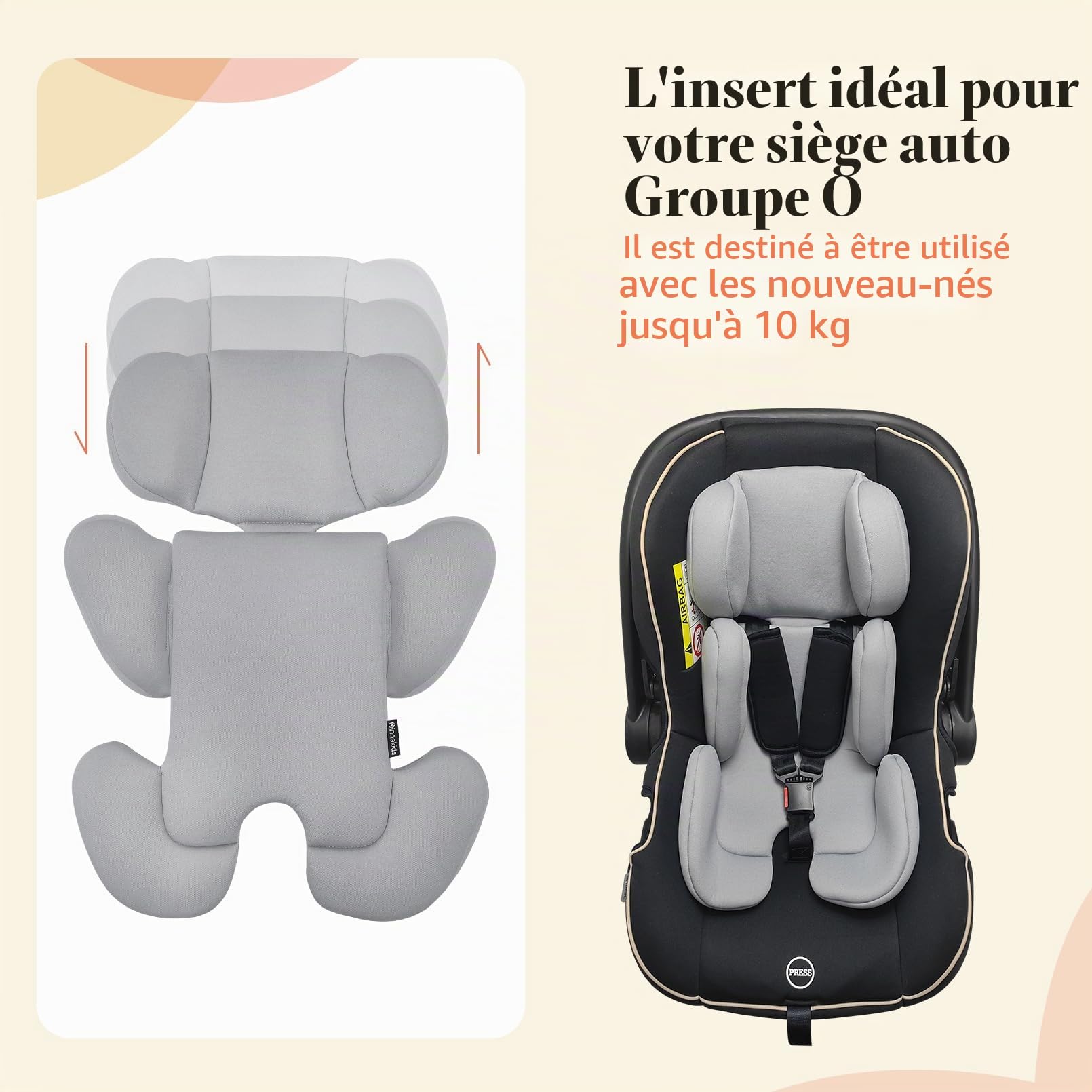 Innokids Insert de siège Auto pour bébé, Support de tête pour Nouveau-né, Doux et rembourré, Support latéral et tête Amovible pour sièges Auto, poussettes, balançoires (Gris Clair) | Doux et rembourré, tête amovible, support latéral pour sièges auto, pous