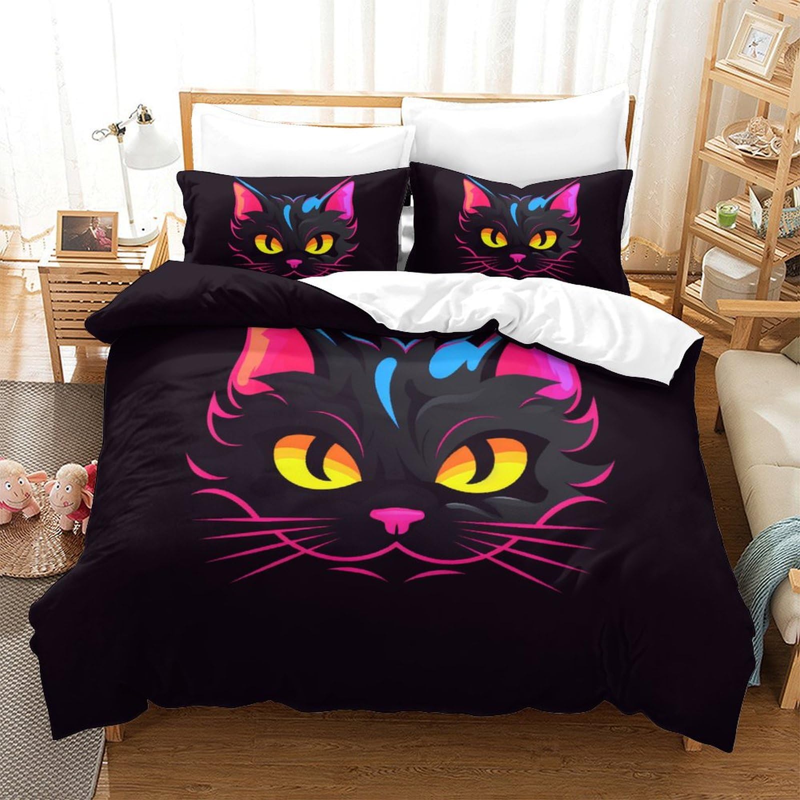 Housse de couette chaton 3D microfibre parure de lit 220x240 fermeture