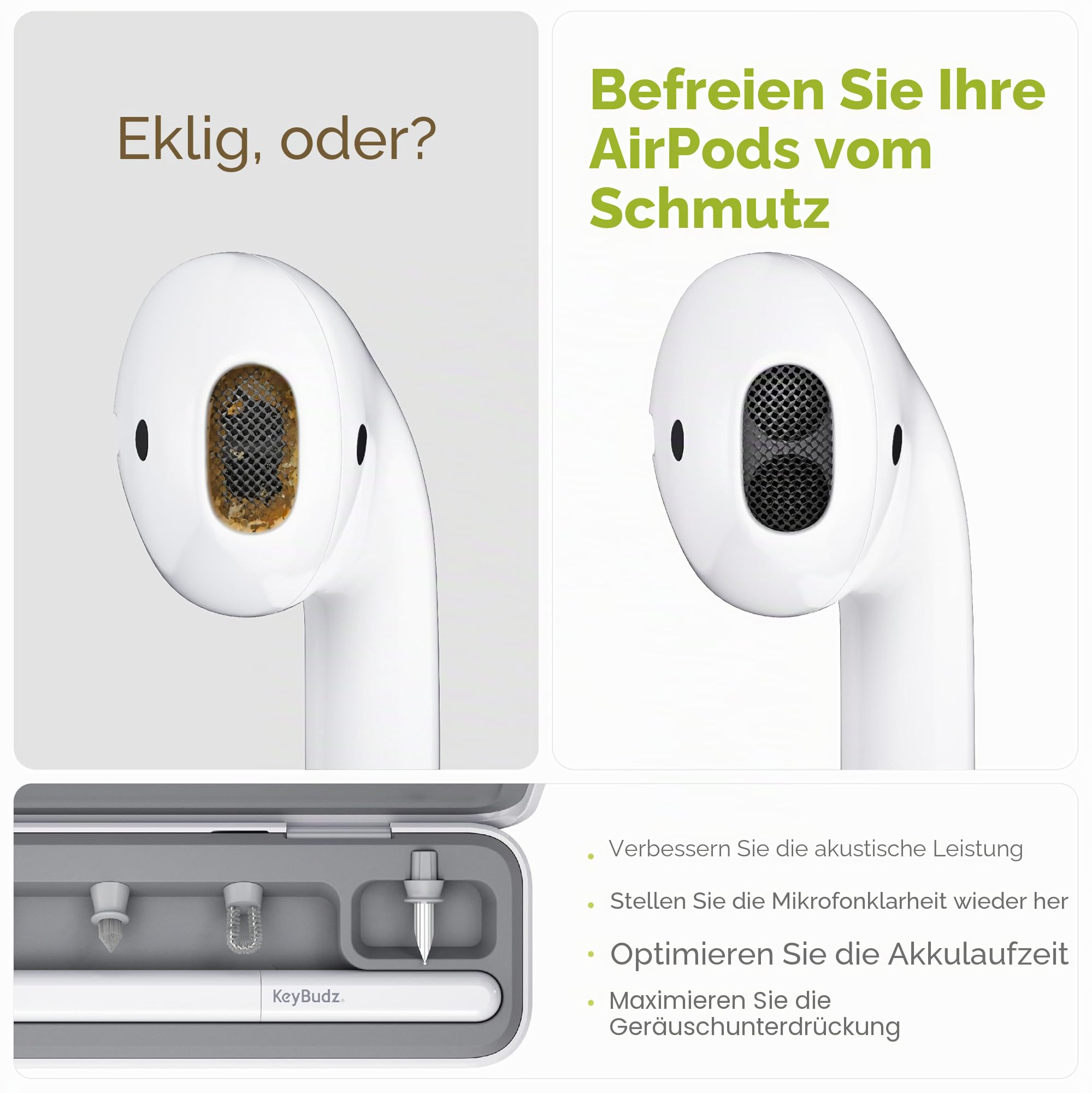 KeyBudz AirCare 2.0 AirPods-Reinigungsset/Patentierter Multi-Tool-Reiniger, austauschbare Bürstenaufsätze für AirPods, iPhone & Apple-Geräte mit Reinigungsknete Hartschalenetui & Aufbewahrungsbeutel