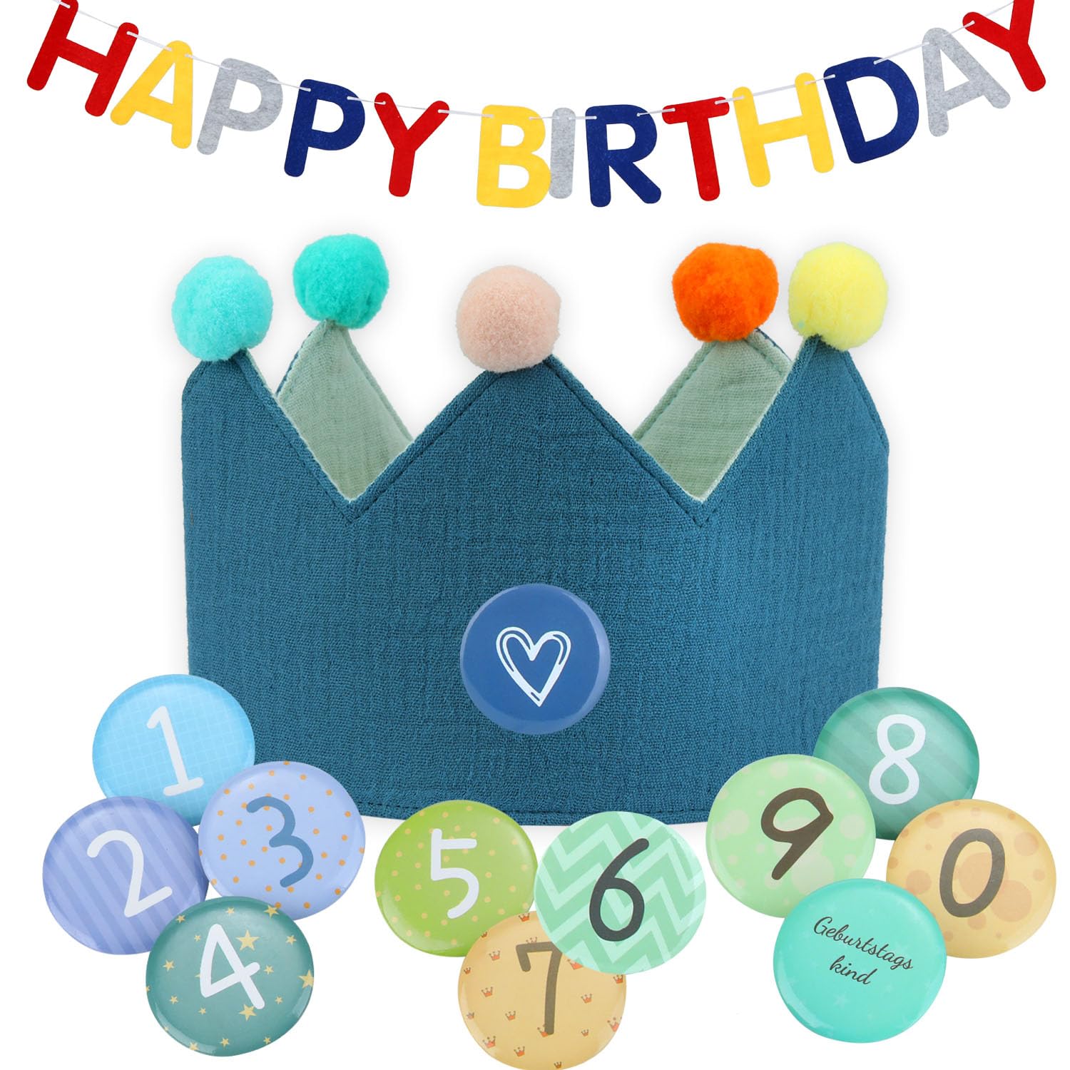 UDQYQ Birthday Crown for Kids-100% Cotton Birthday Hat with Adjustable Closure-Replaceable 1-9 Age Numbers & Birthday Banner for Girls, Boys Gift