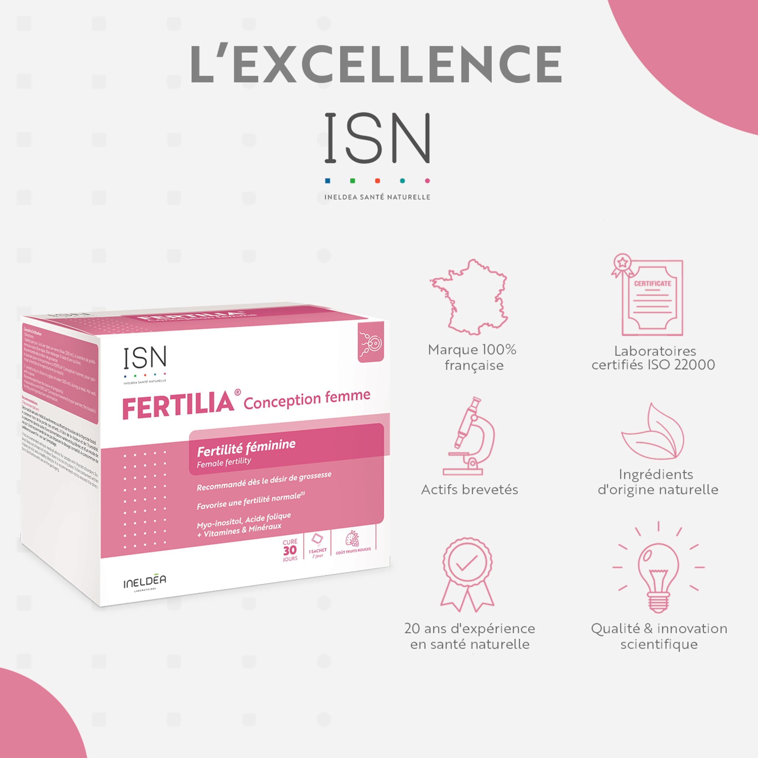 ISN - Fertilia® Conception Femme - Complément alimentaire à base de Myo-inositol, Acide Folique, Iode et antioxydants - Favorise une fertilité normale chez la femme - Cure 30 jours
