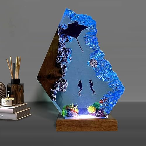 Miniatura 8 de Lámpara de resina oceánica 3D hecha a mano, luz nocturna de resina alimentada por USB con base de madera, luces variables, regalos de buceo,