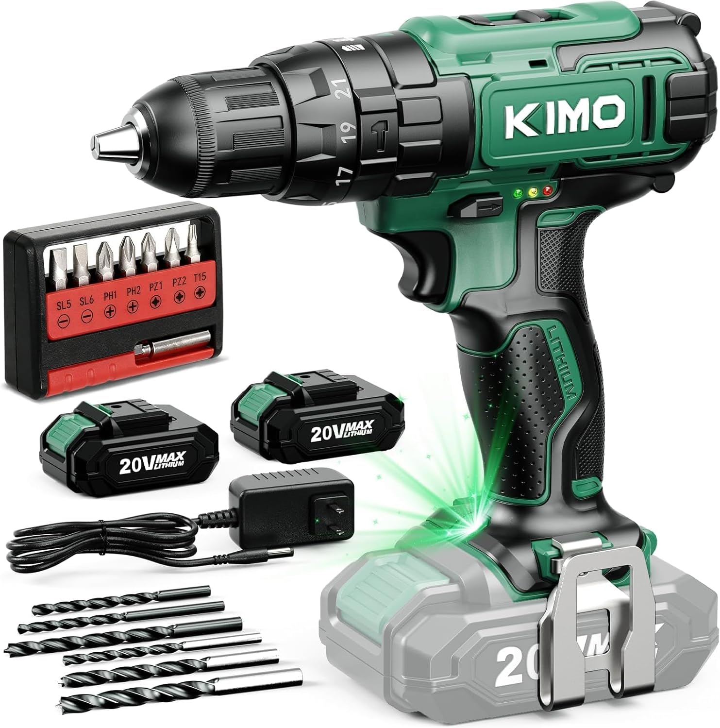 KIMO Cordless Hammer Drill Set with 20V 2.0Ah Battery 2 Packs, 21+3 Position, Max 350 In-lb Torque, 0-1350 RPM, 3/8" Keyless Chuck, 14pcs Accessories, Power Drill for Drilling Wood Bricks Walls Metal